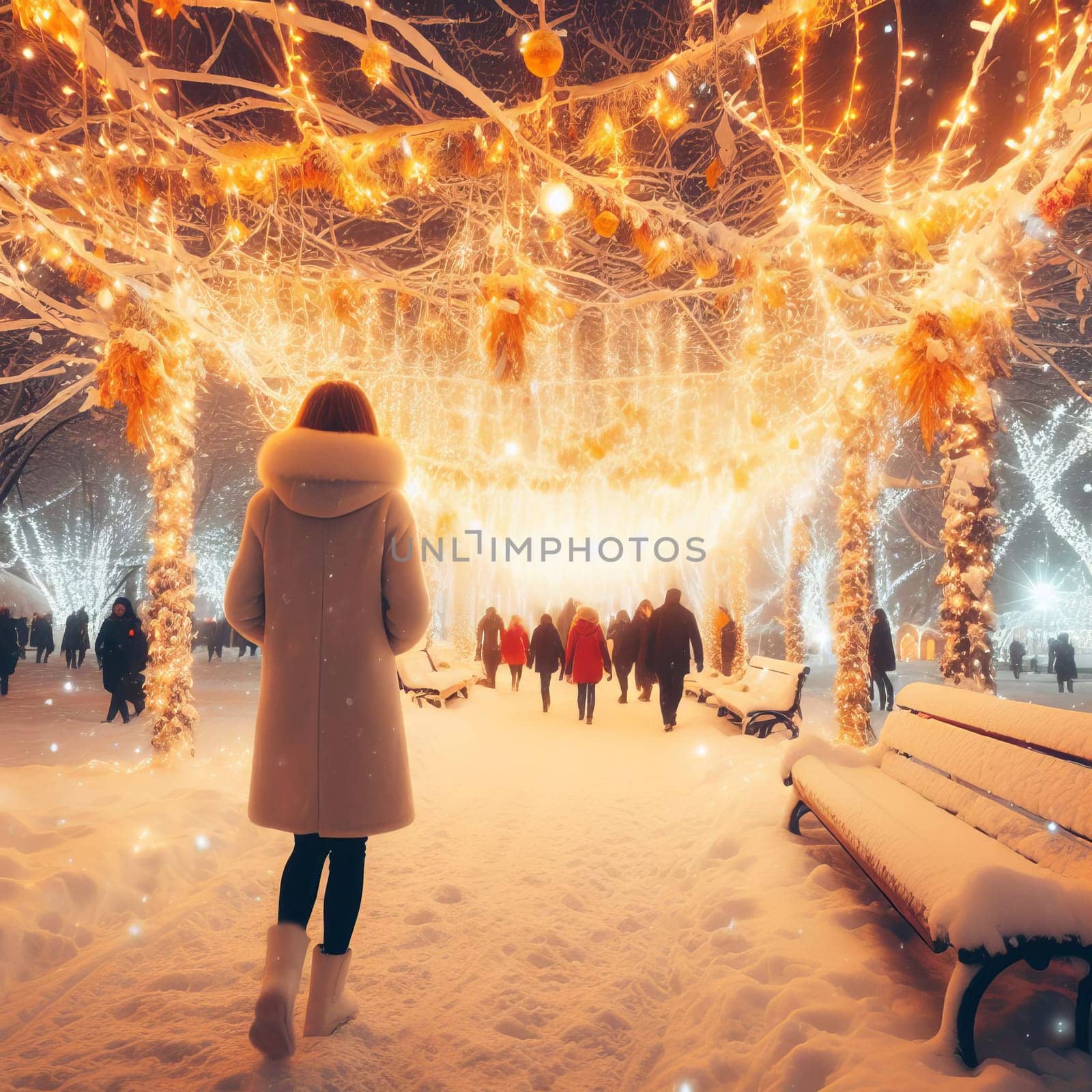 A snow-covered park with people walking under bright New Year's lights and garlands, conveying a festive atmosphere, joy, comfort and warmth. Bright, rich colors and balanced composition. Free space for text.