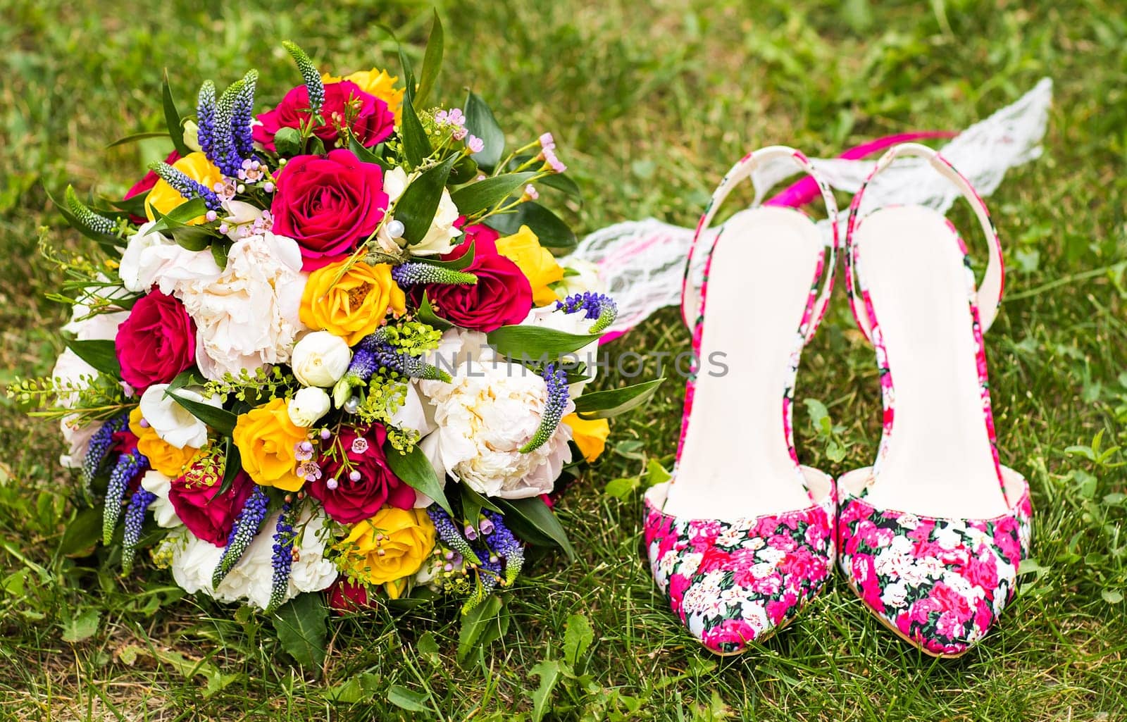 wedding bouquet and shoes on the grass by Satura86