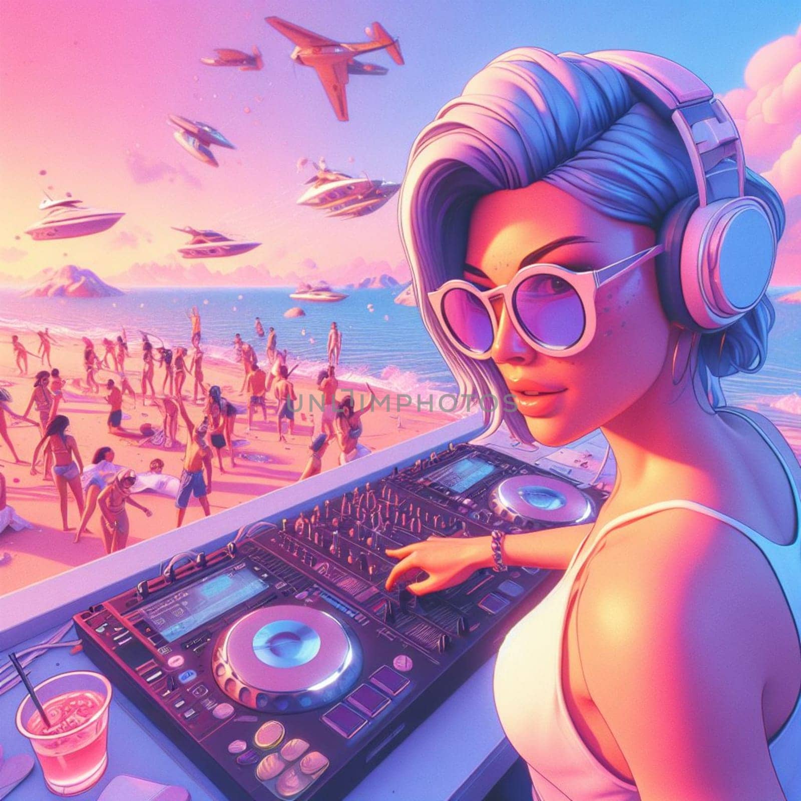 woman dj , wearing glasses earphone hosting dj set at crowded beach party in tropical island sunset by verbano