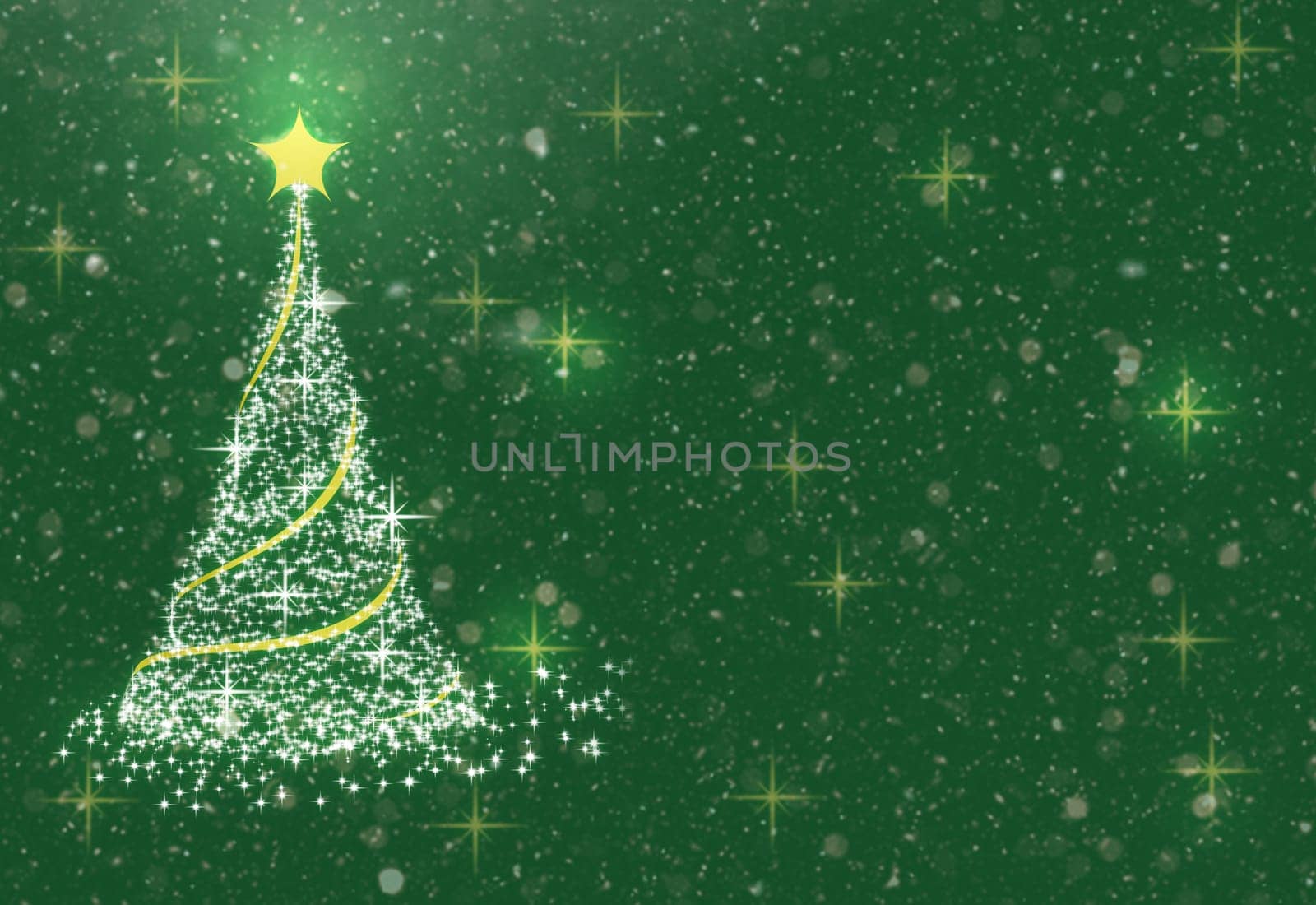 Abstract green greeting card with light Christmas tree and snow. Copy space.