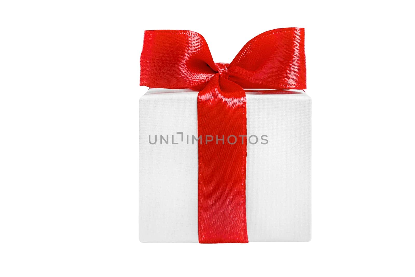 White gift box with a red bow on a white background.