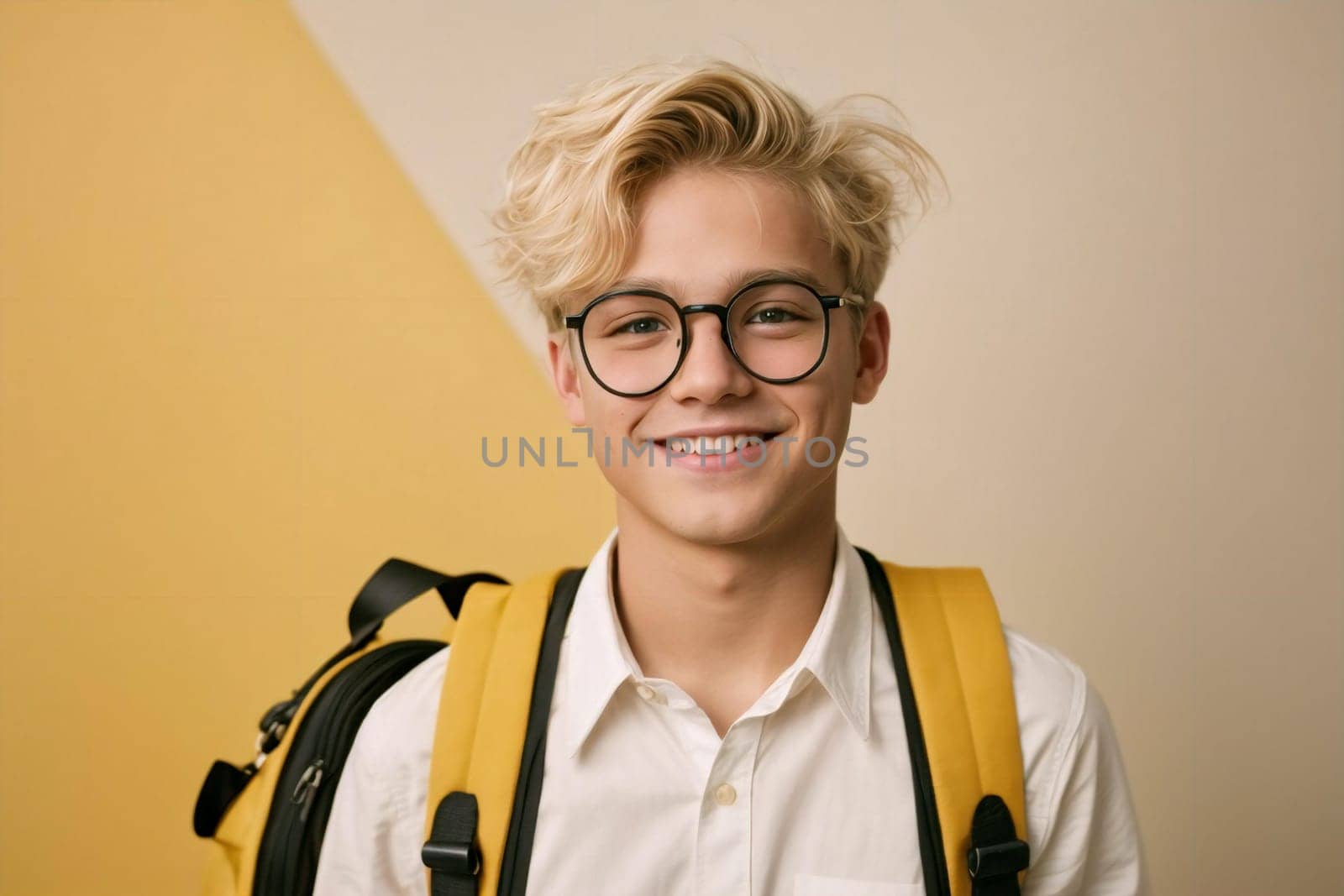 Portrait of a funny smart blond schoolboy in round glasses, with a bag and a white shirt.Yellow studio background. Education. Looks at the camera and smiles