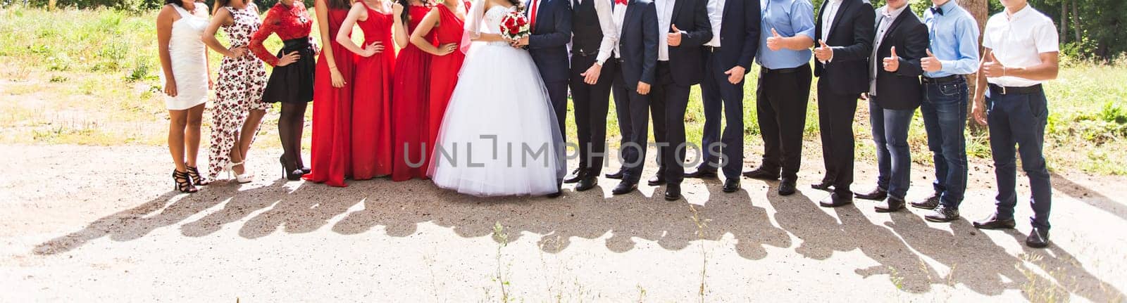 Bride, guests and bridesmaids at wedding ceremony outdoors.