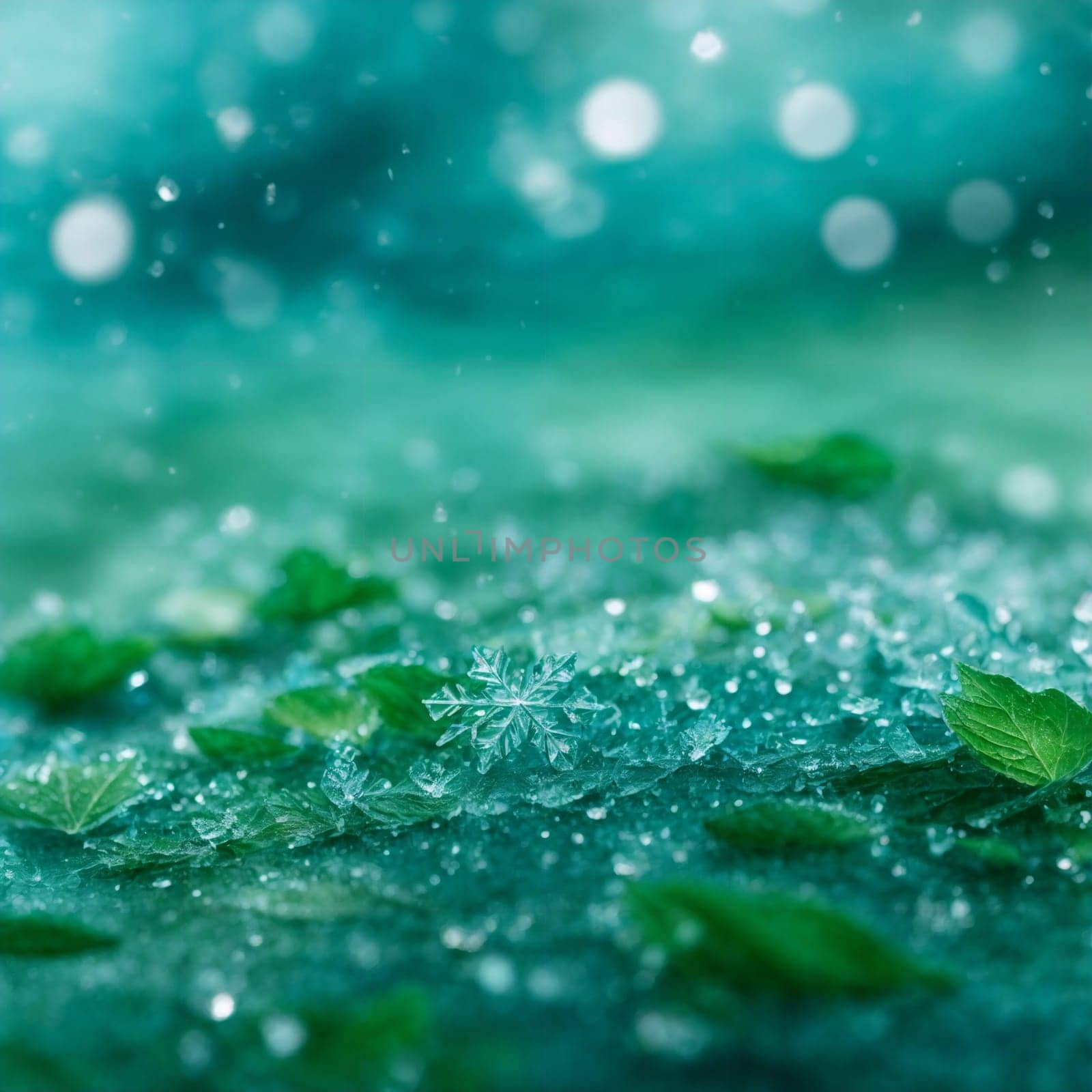 blue green bright abstract background with water drops and snowflakes of frozen ice