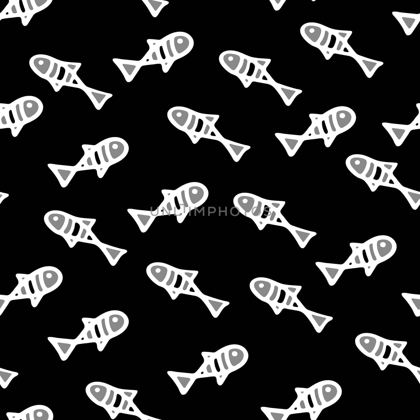 Small Fishes Seamless Pattern. Background for Kids with Hand drawn Doodle Cute Fish. Cartoon Sea Animals Illustration. Underwater World Digital Paper in Black and White.