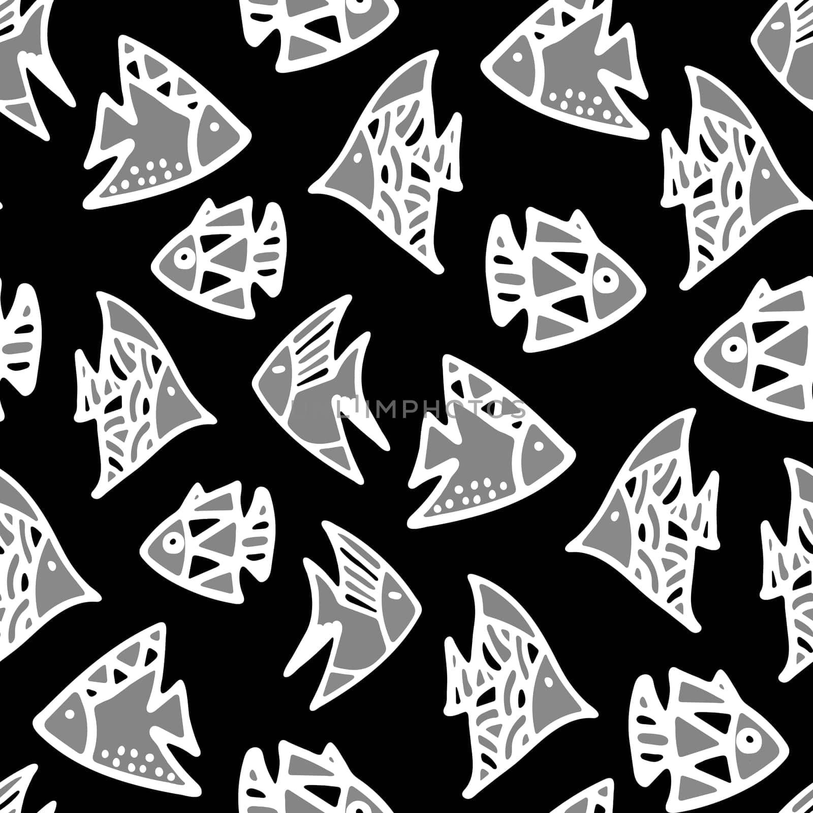 Hand Drawn Fishes Seamless Pattern. Underwater World Black and White Background. by Rina_Dozornaya
