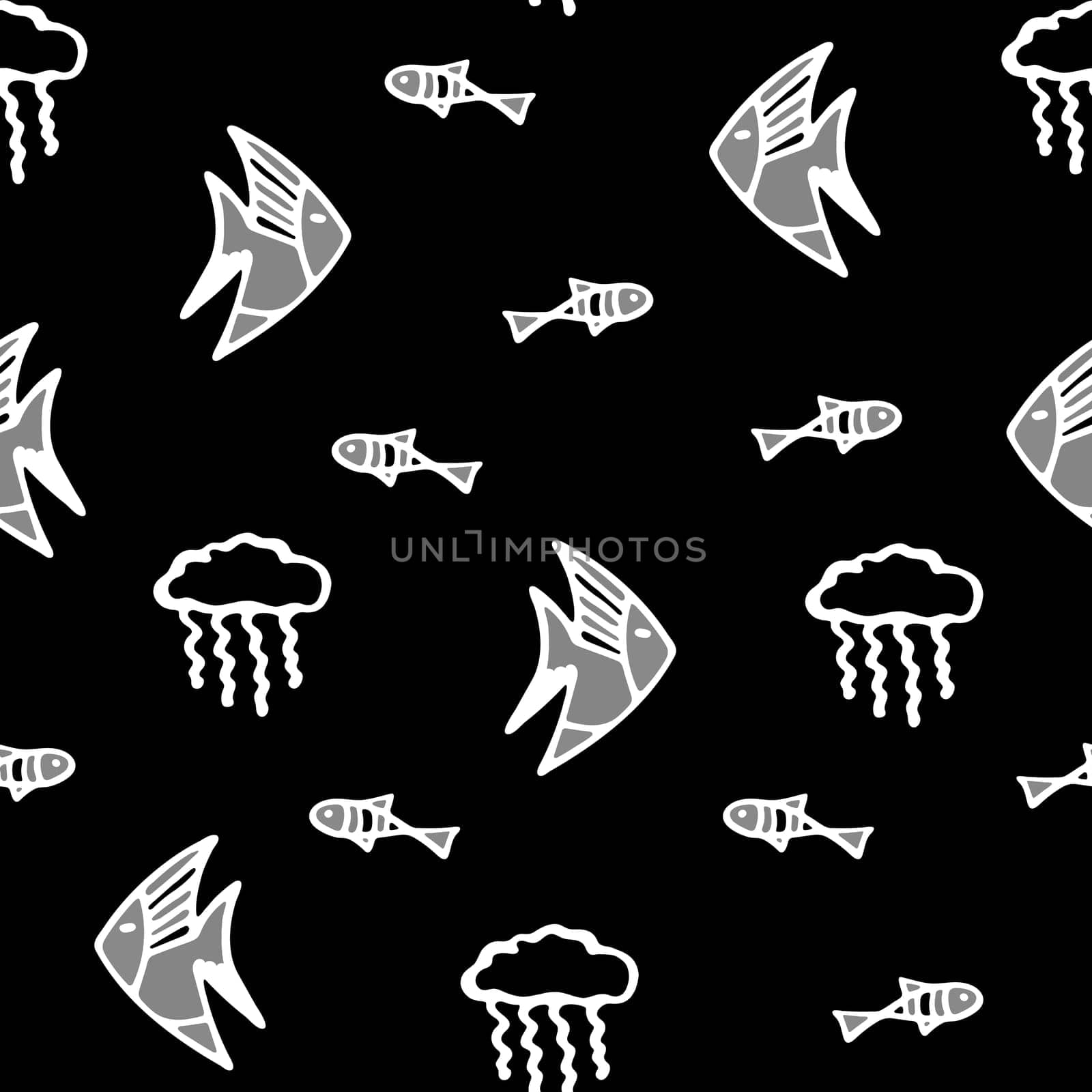 Hand Drawn Black and White Fishes Seamless Pattern. Underwater World Background. by Rina_Dozornaya