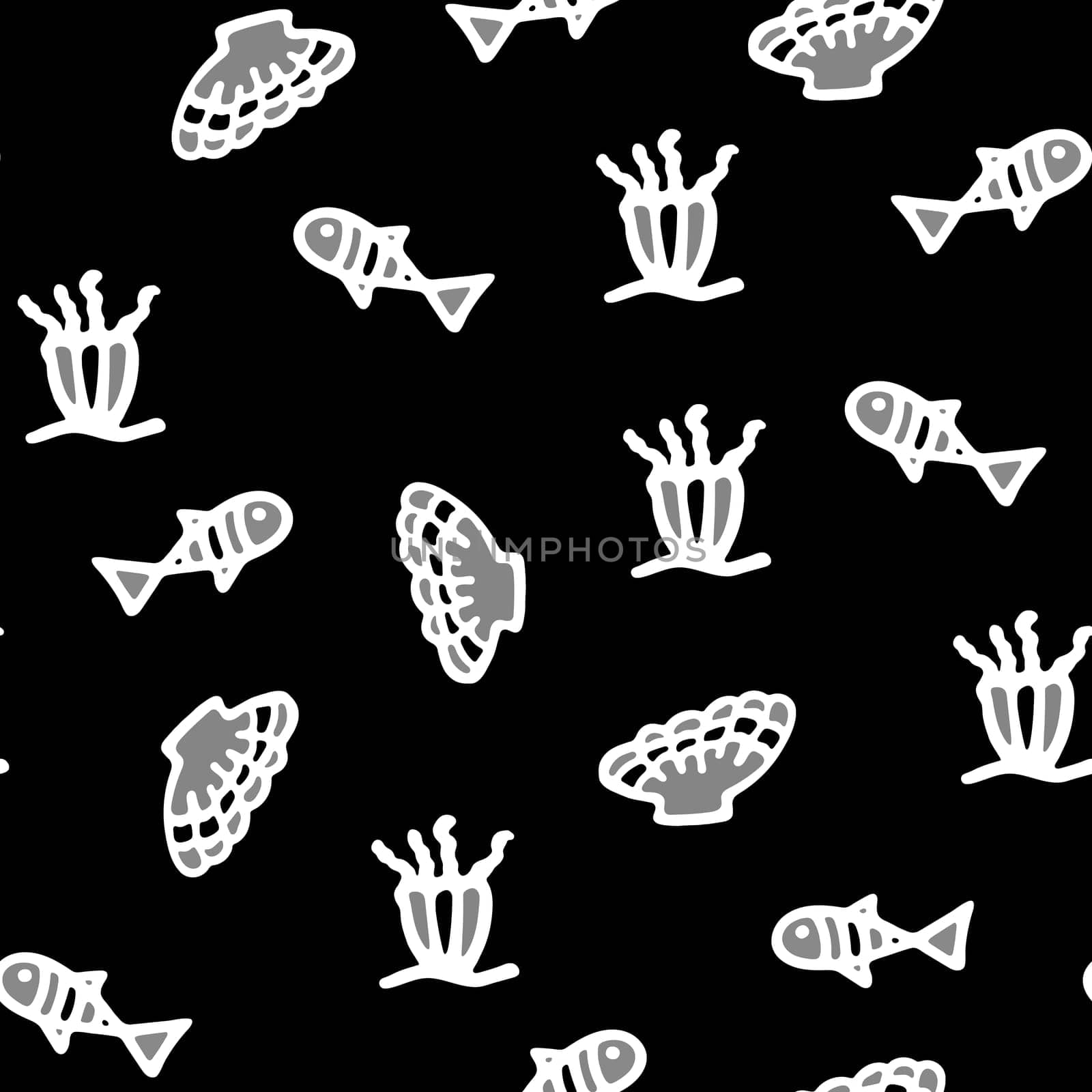 Small Fishes Seamless Pattern. Black and White Background for Kids with Hand Drawn Doodle Cute Fish, Shellfish and Sea Anemone. Cartoon Sea Animals illustration. Underwater World Digital Paper.