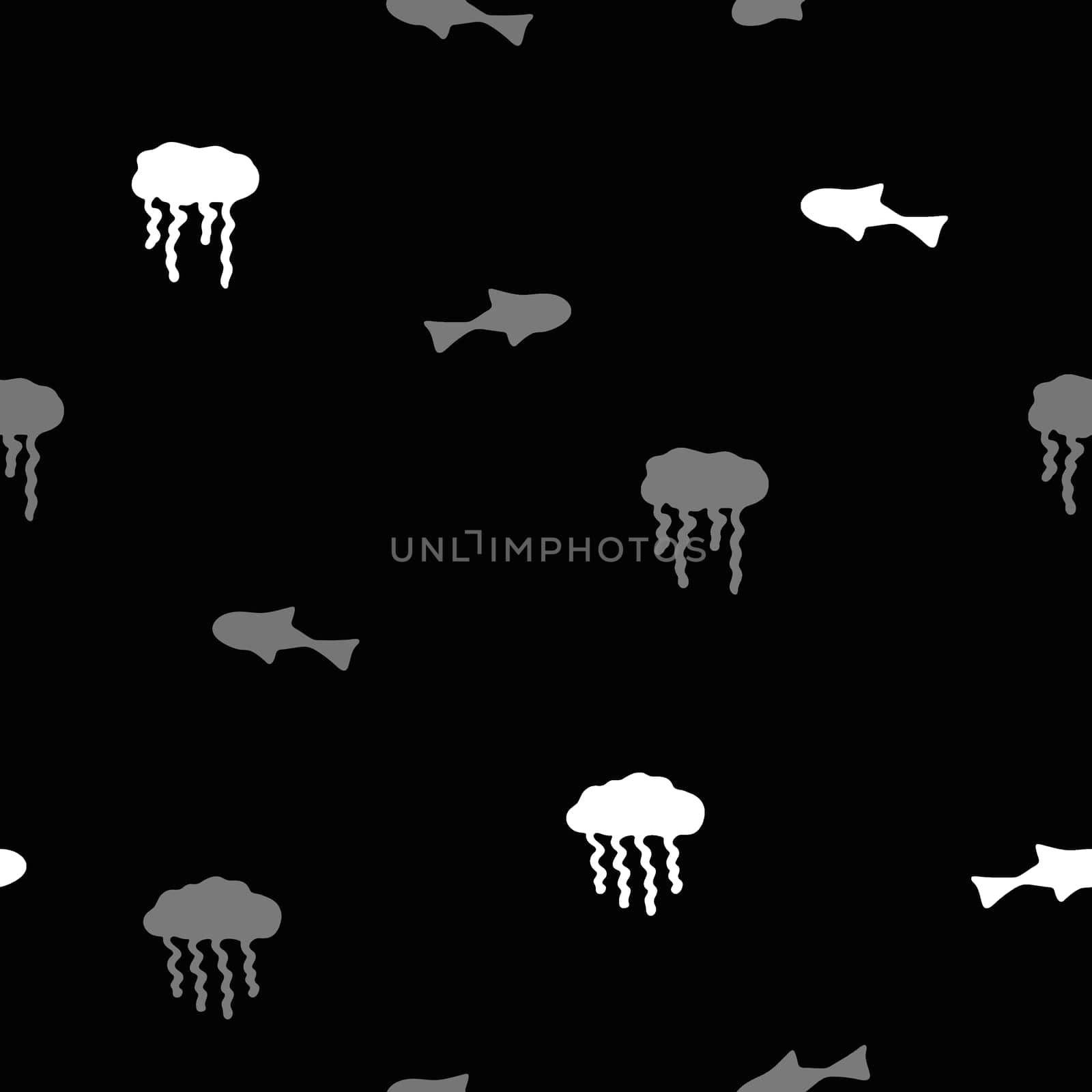 Hand Drawn Underwater World Seamless Pattern. Sea Life Digital Paper with Jelly Fish and Fish Silhouettes in Black and White.