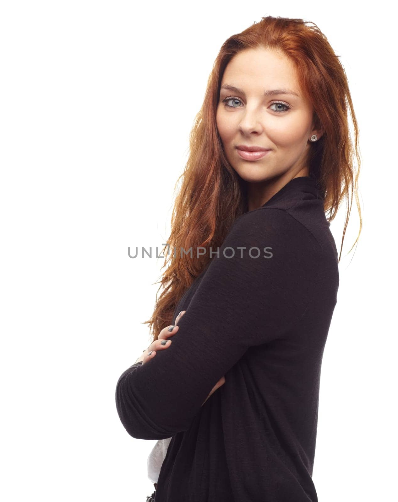 Business, woman and portrait with arms crossed or smile in studio for startup, career growth and service on white background. Entrepreneur, person or face with confidence and pride on mock up space.