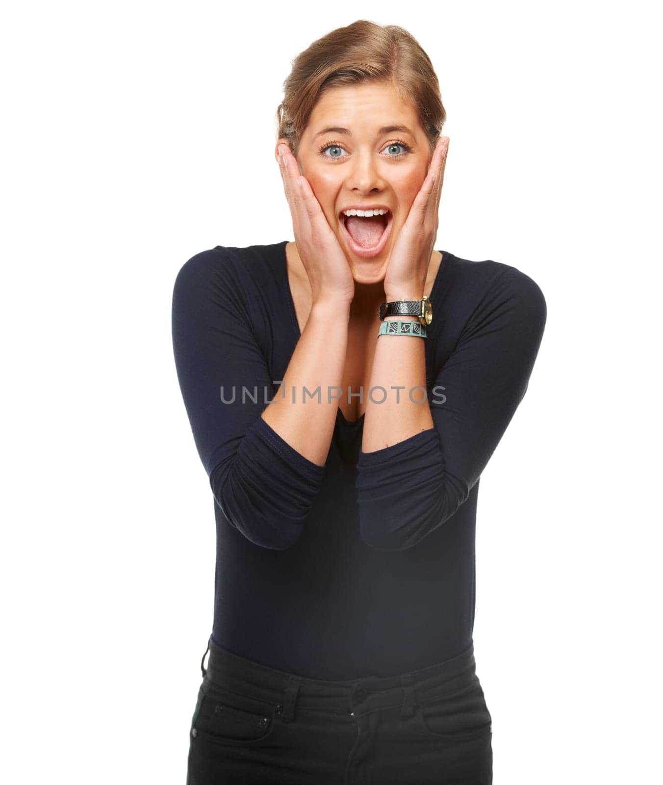 Woman, portrait and hands shock or excited in studio for announcement, opportunity on white background. Female person, model and face for surprise good news or win achievement, happy for information.