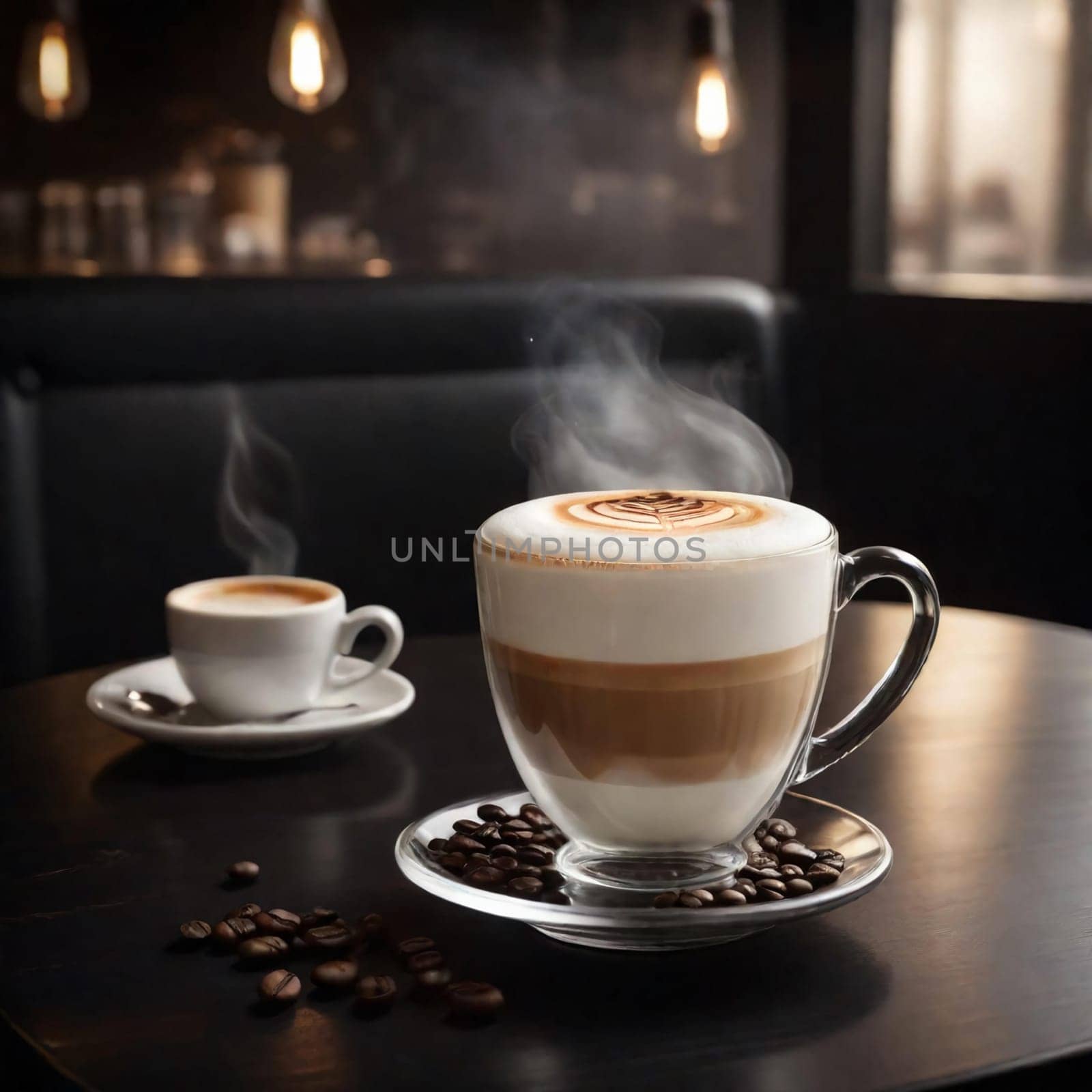 A cup of hot cappuccino made of transparent glass with visible layers of coffee, milk, foam and coffee beans by Севостьянов