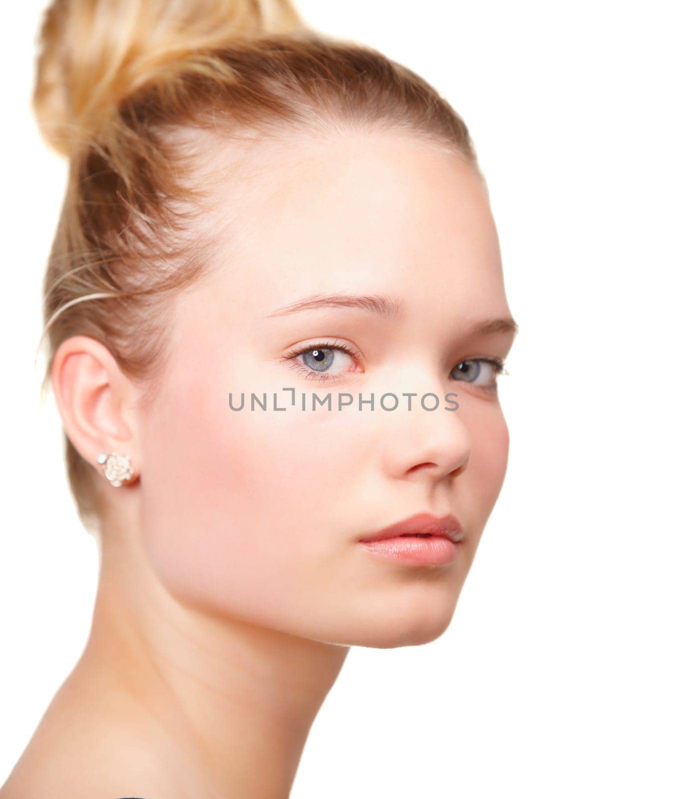 Girl, teen and portrait or skincare in studio for glow clear, hygiene on white background. Female person, model and face for dermatology confidence for health wellness, calm shine or natural beauty.