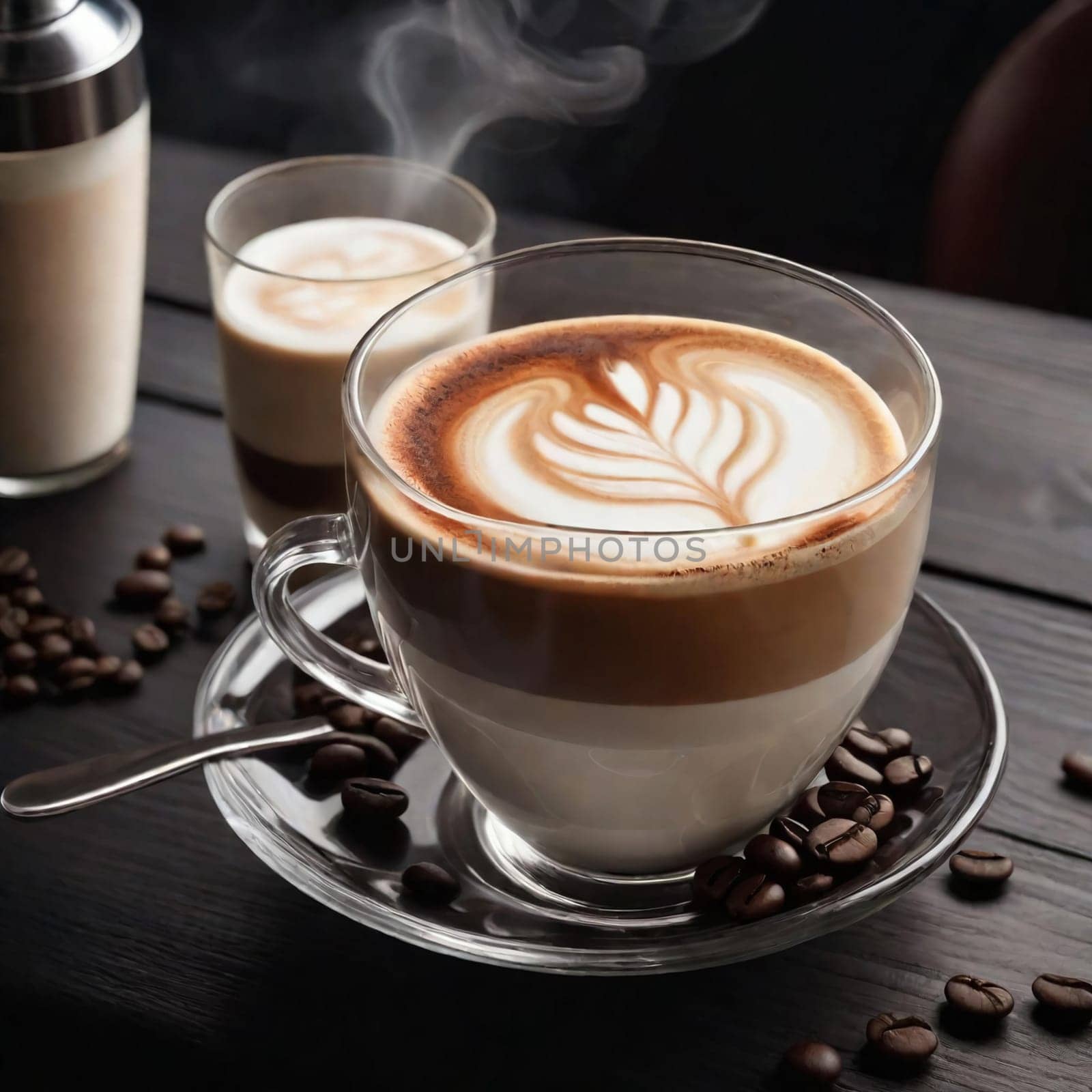 A cup of hot cappuccino made of transparent glass with visible layers of coffee, milk, foam and coffee beans on an ebony table in a cafe. A dark scene. Space for text. Stylish tinting, smoke.