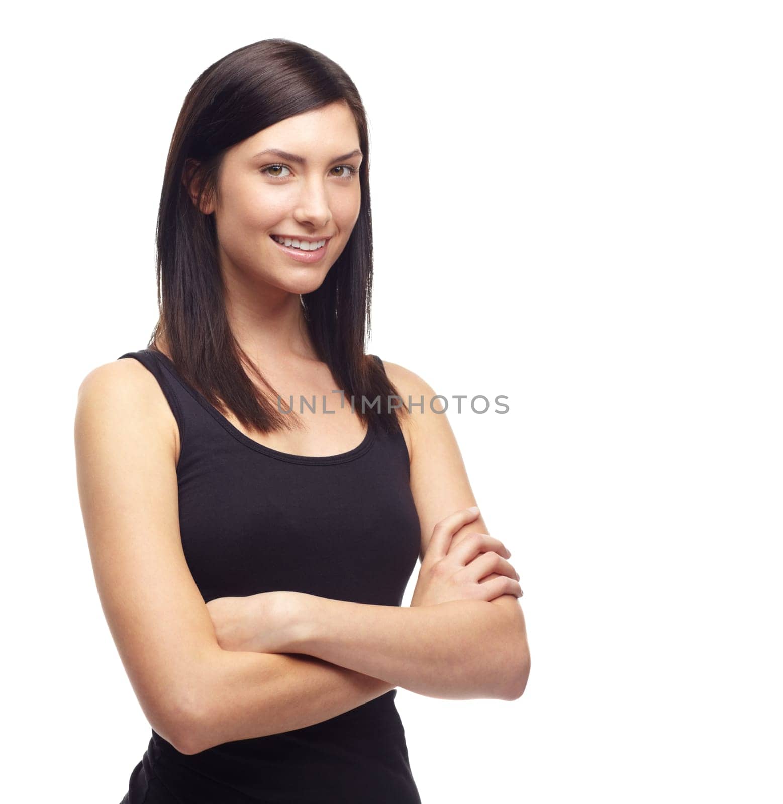 Woman, happy or portrait with arms crossed, confident or trendy style in studio mockup. Young model, face and positive attitude with smile, relax wellness and company in about us by white background.