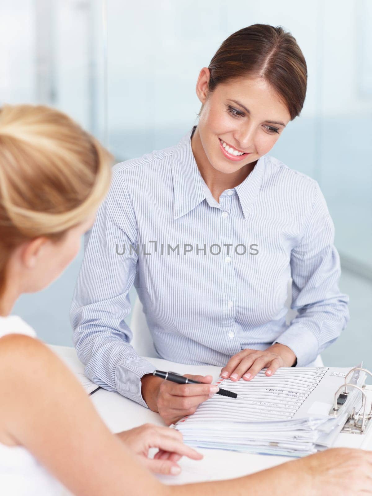 Business women, teamwork and folder or paperwork administration, planning schedule and employee information. Professional people, clients or secretary with documents for application or registration.