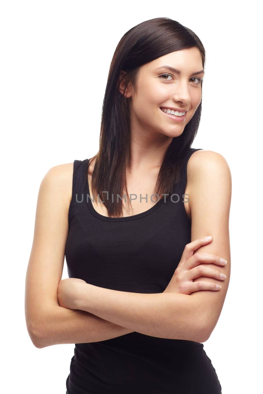 Woman, smile or portrait with arms crossed, positive or pride mindset for studio mockup. Young model, face and happy attitude with calm, relax wellness and company in about us by white background.