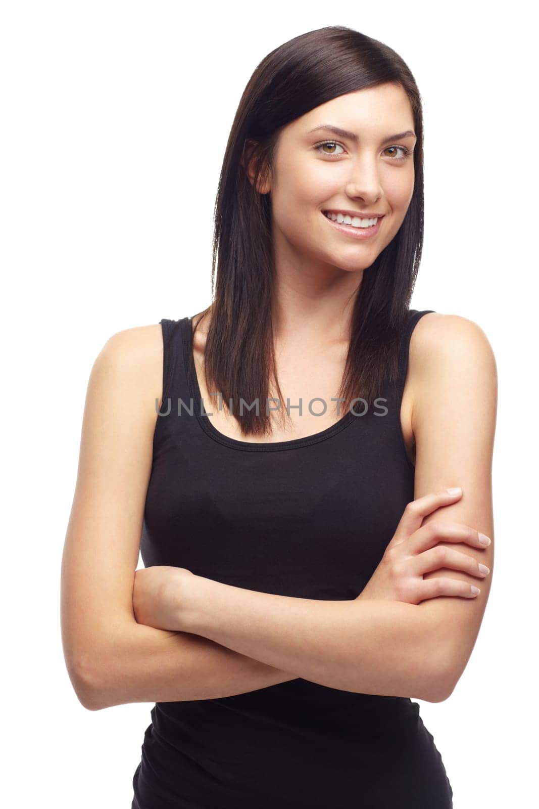 Woman, happy or portrait with arms crossed, positive or pride mindset for studio mockup. Young model, face and calm attitude with smile, relax wellness and company in about us by white background.