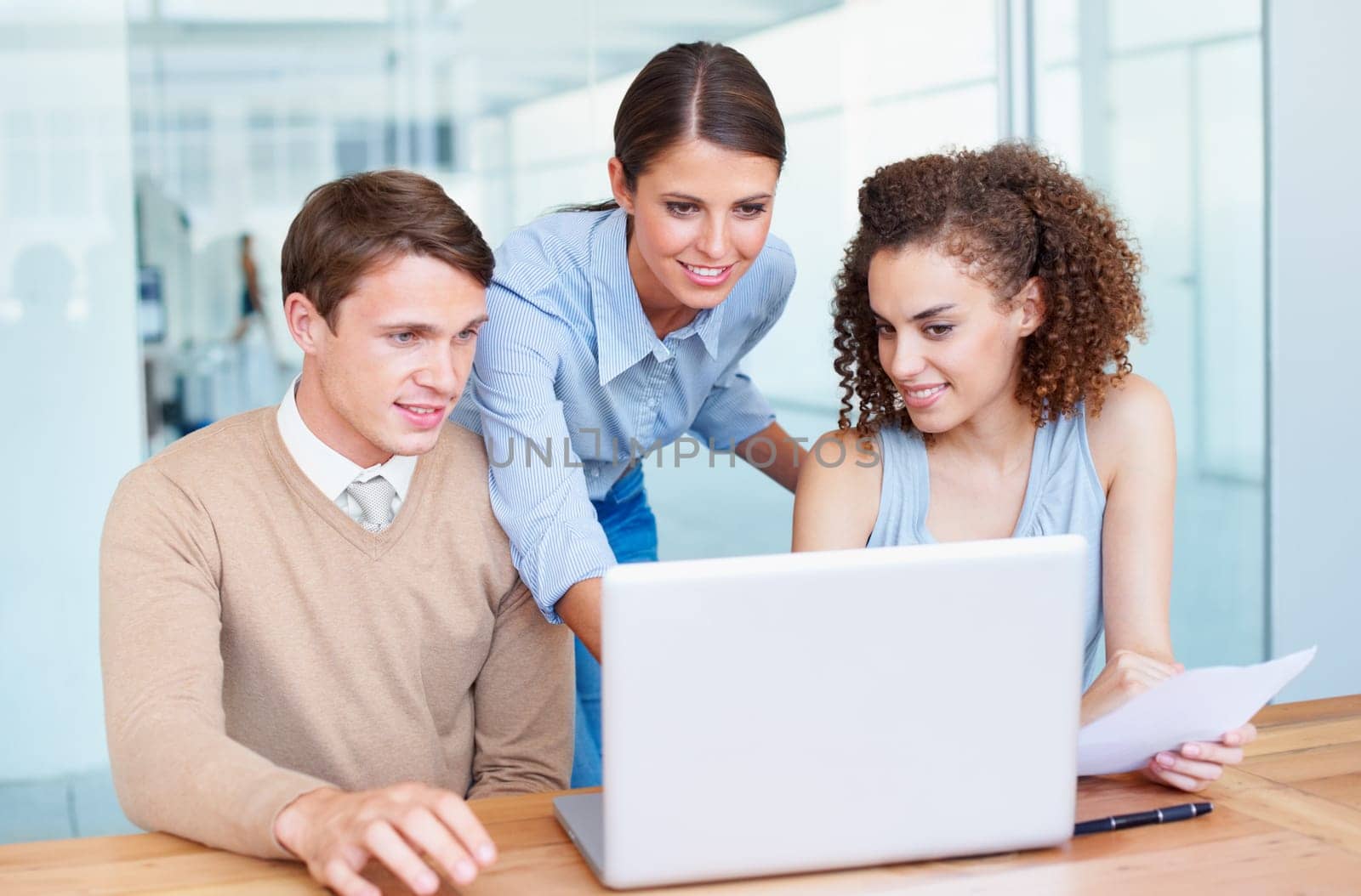 Business people, teamwork and planning on laptop for marketing feedback, manager advice and support in office. Professional mentor, internship employees and computer for copywriting and collaboration.