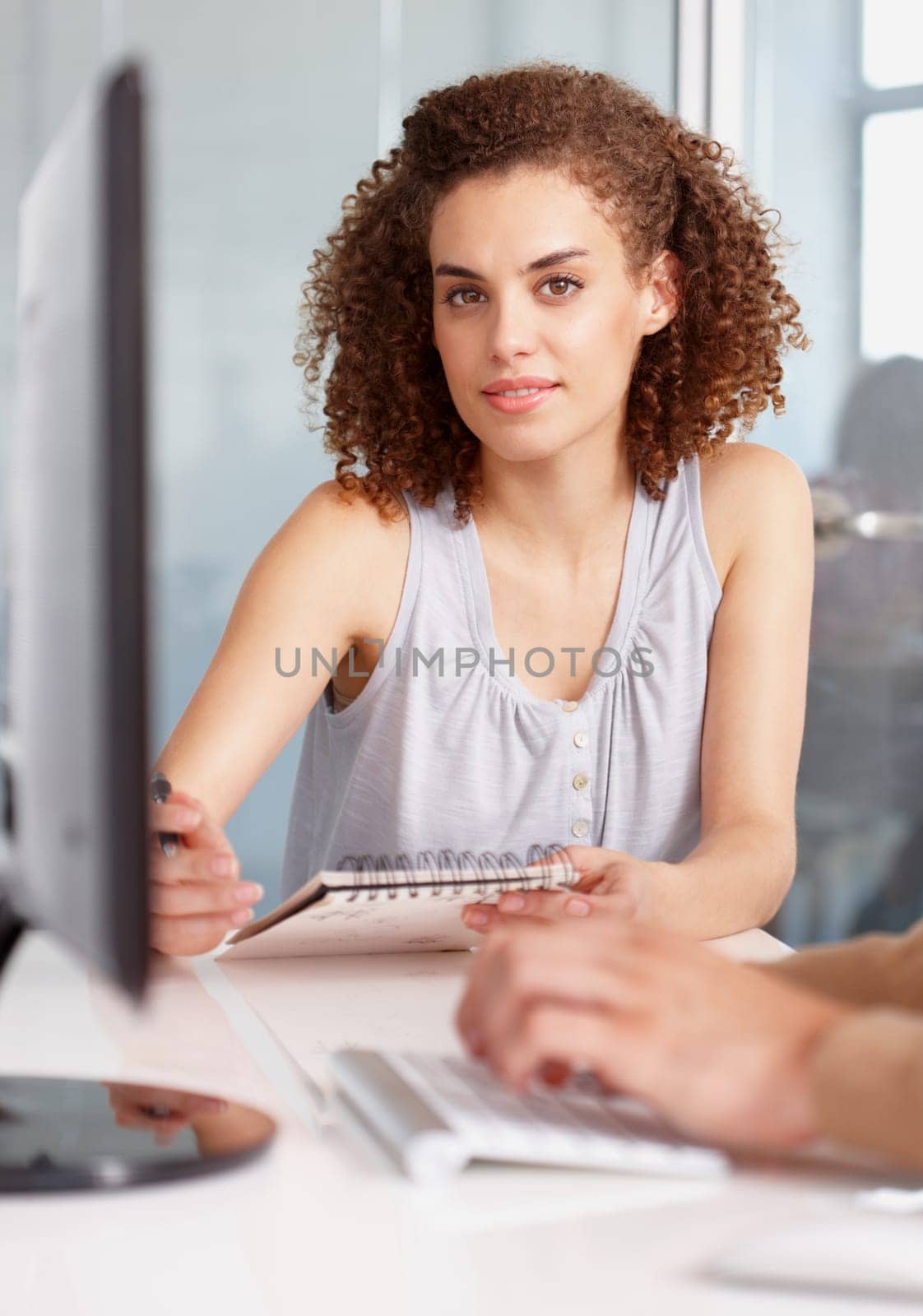 Business woman, notepad and portrait in office, collaboration and training or writing, notebook or face. Female person, planning and strategy or vision, agenda and teamwork on project, pc and tech.