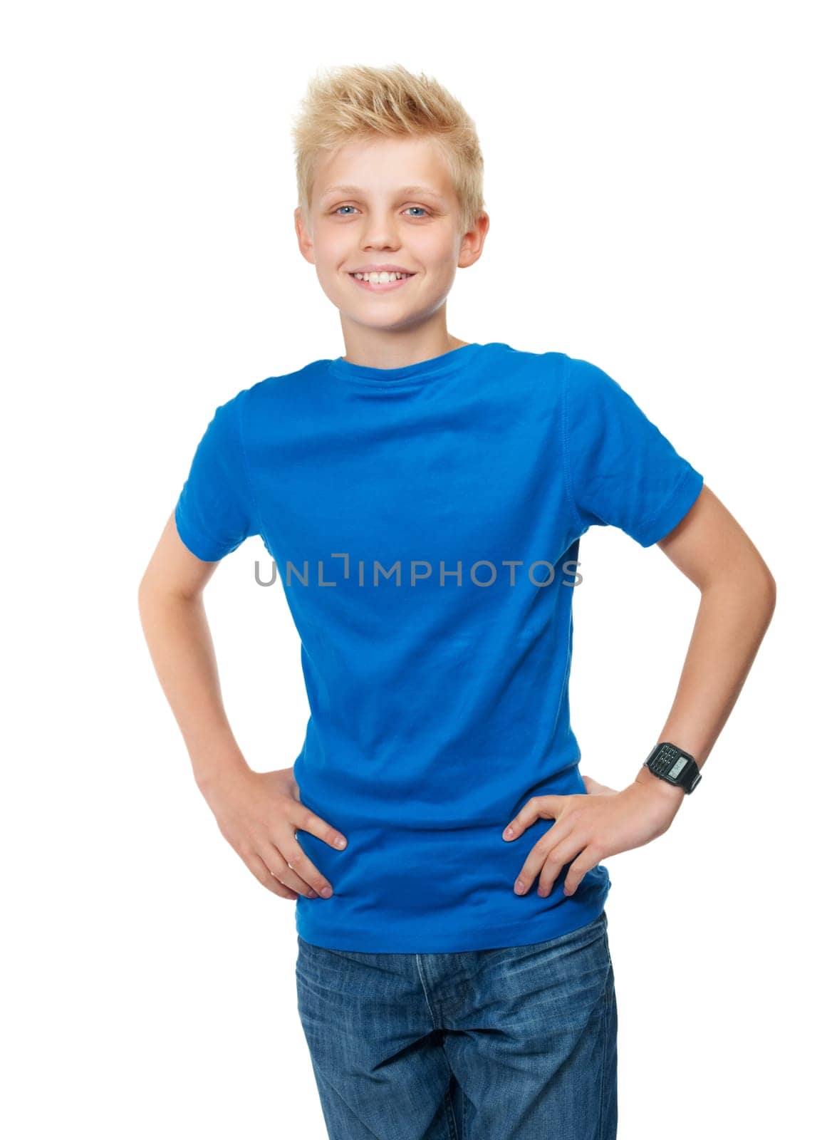 Boy, child and portrait or happy in studio for fashion, casual style or confidence on white background. Person, kid or face of teenager and smile, pride or calm expression and trendy outfit or mockup.