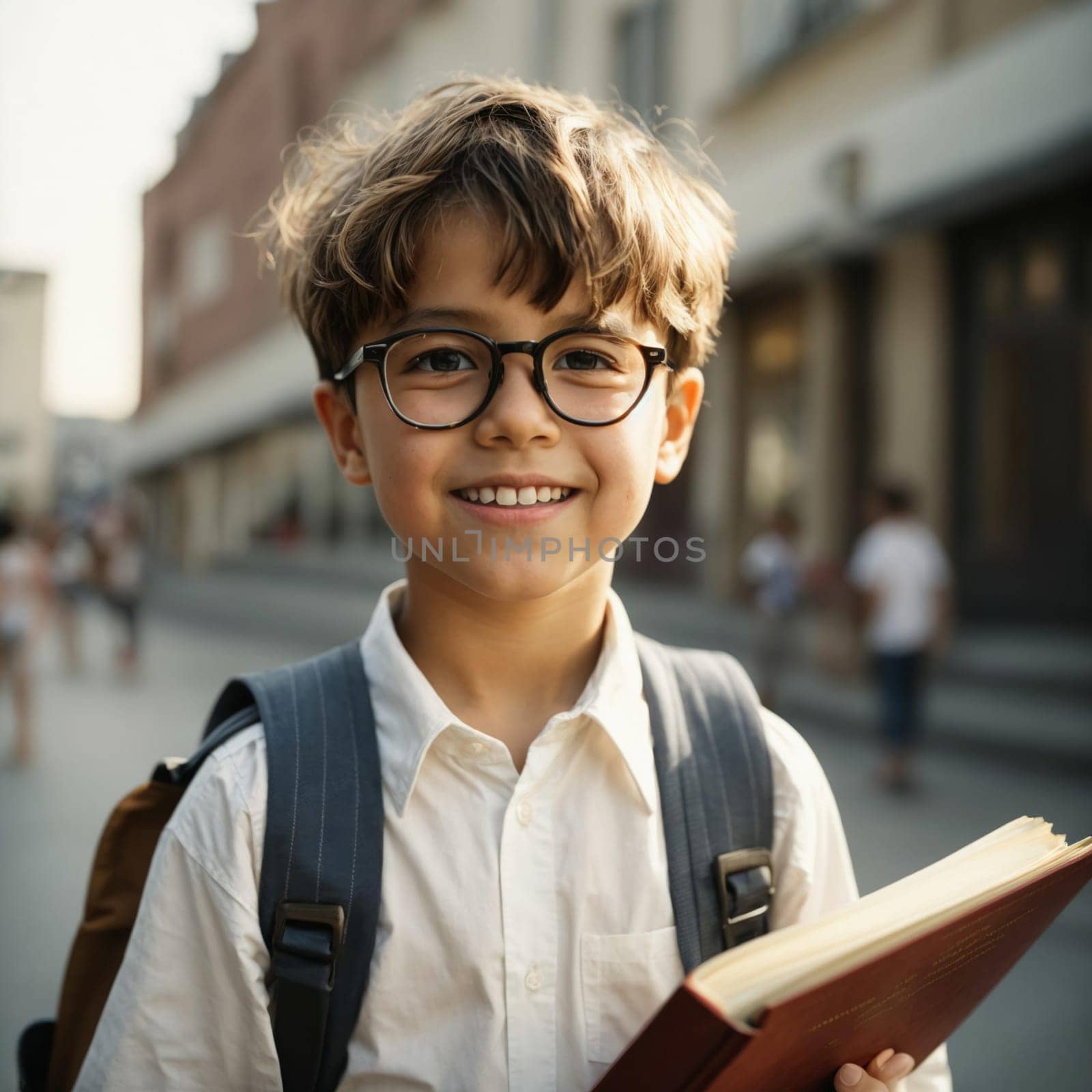 Funny smart kid with glasses, a boy from elementary school with books and a bag in a white shirt