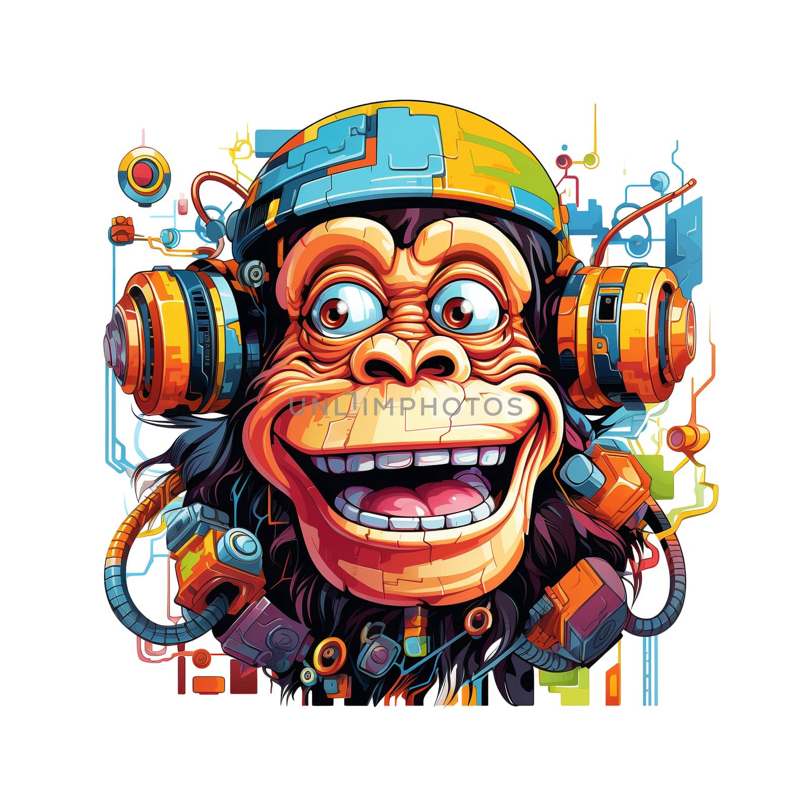 Cartoon monkey robots. T-Shirt, Sticker. Cyberpunk style. AI Generated by AndreyKENO