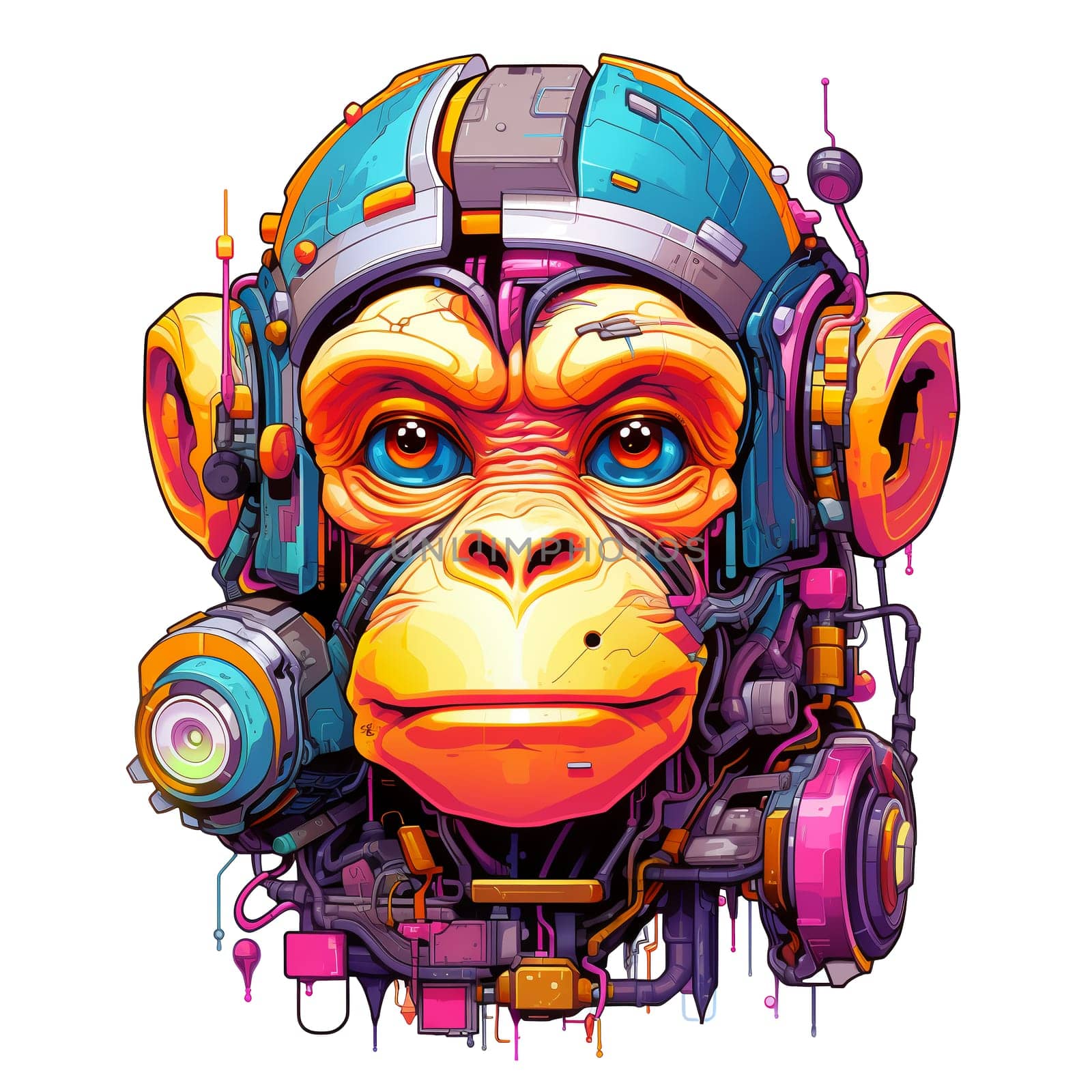 Cartoon monkey robots. T-Shirt, Sticker. Cyberpunk style. AI Generated by AndreyKENO