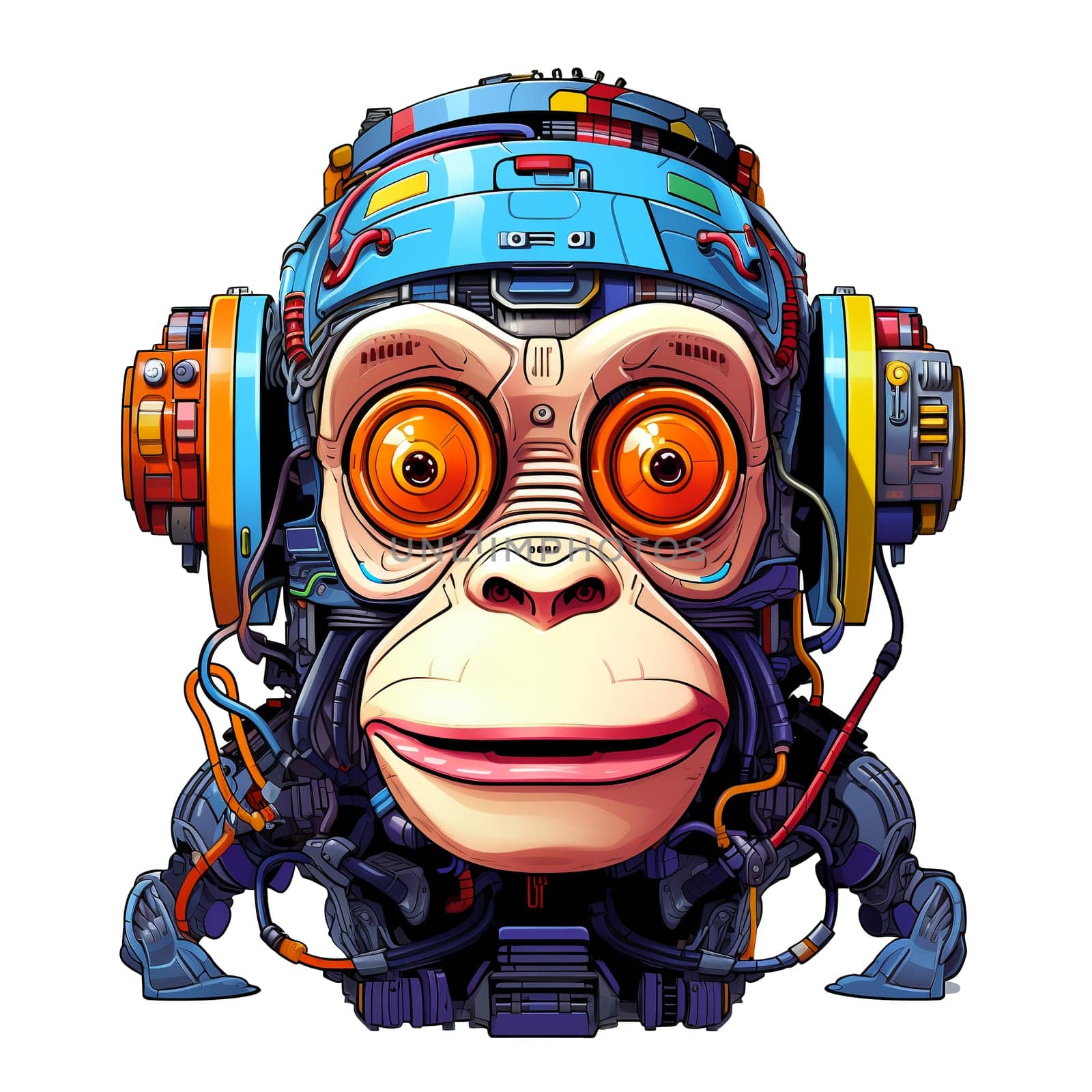 Cartoon monkey robots. T-Shirt, Sticker. Cyberpunk style. 