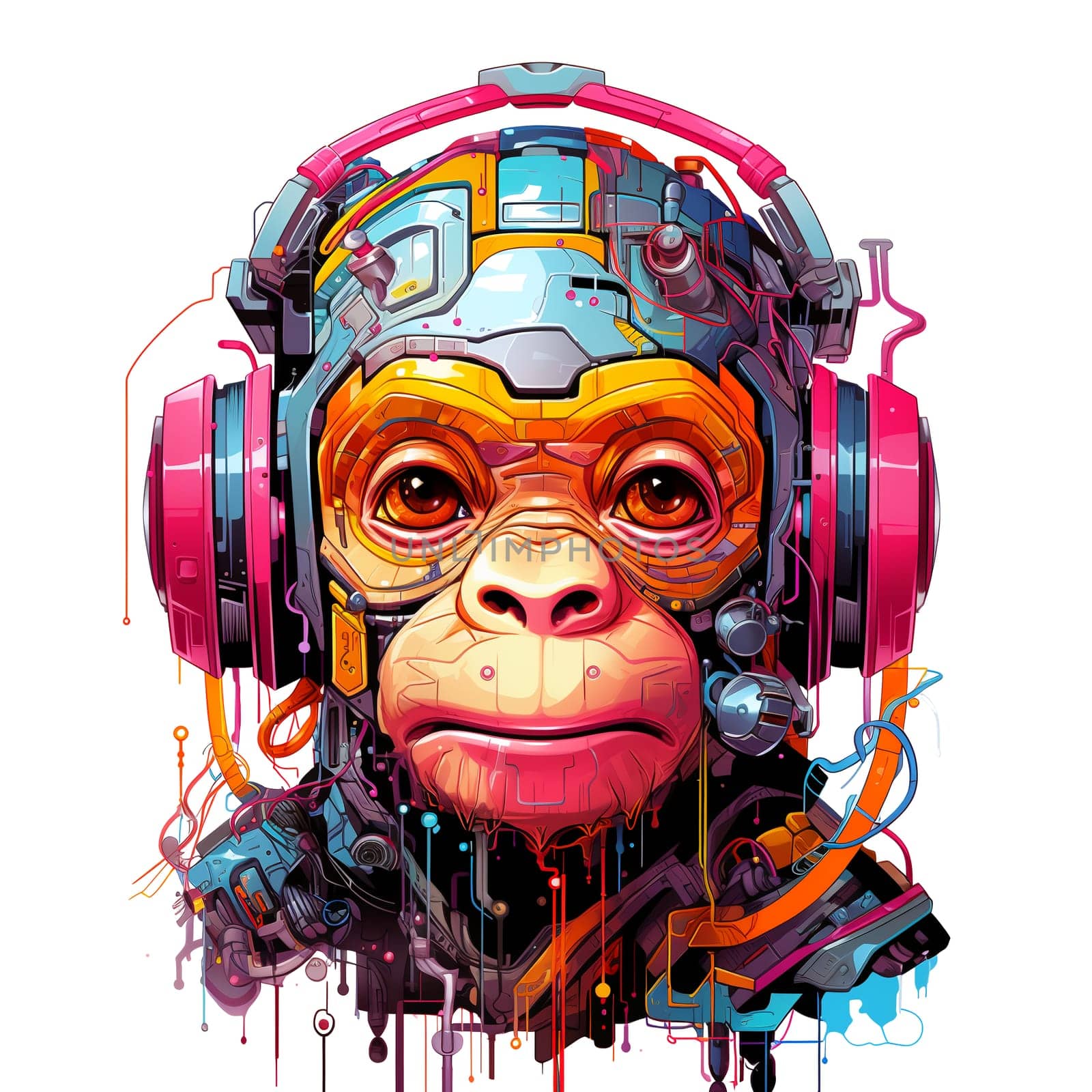 Cartoon monkey robots. T-Shirt, Sticker. Cyberpunk style. AI Generated by AndreyKENO