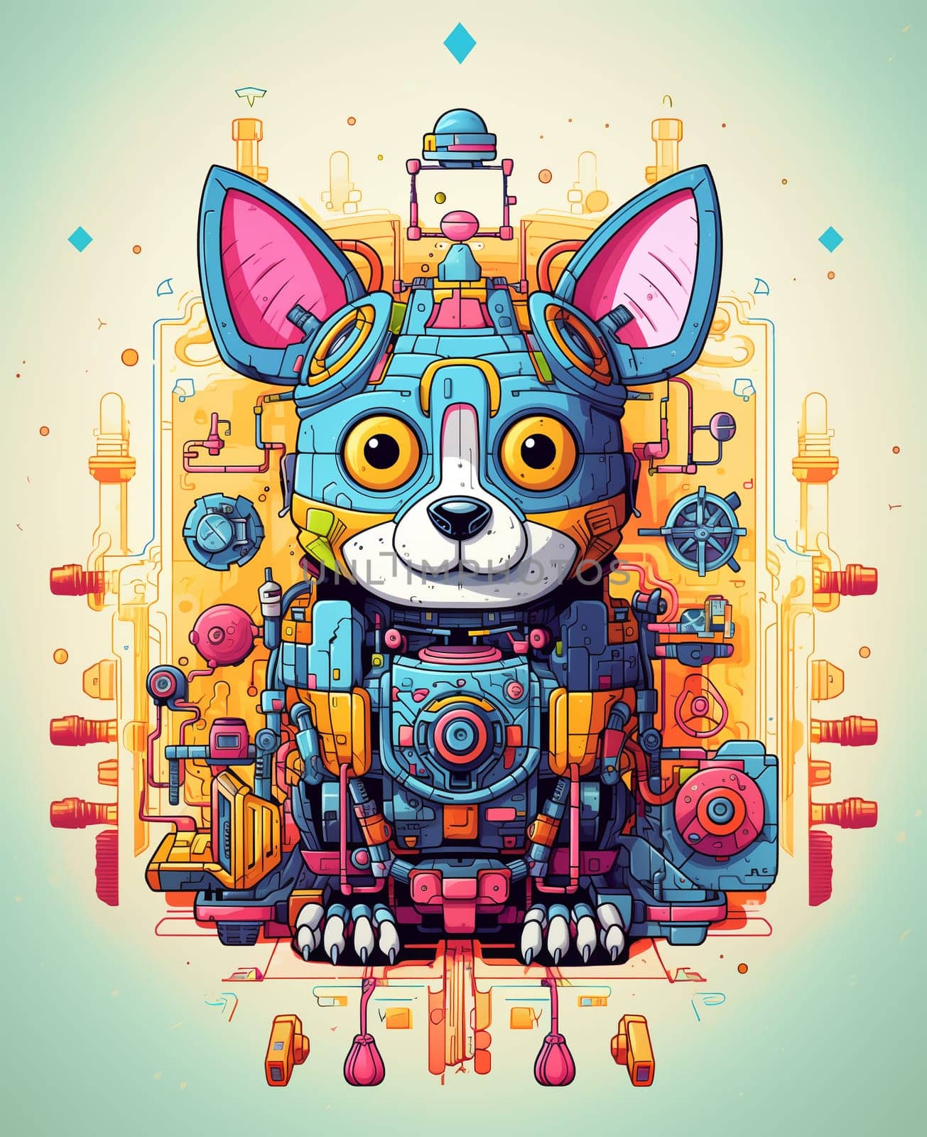 Cartoon dog robot. T-Shirt, Sticker. Funny cyborg. AI Generated by AndreyKENO