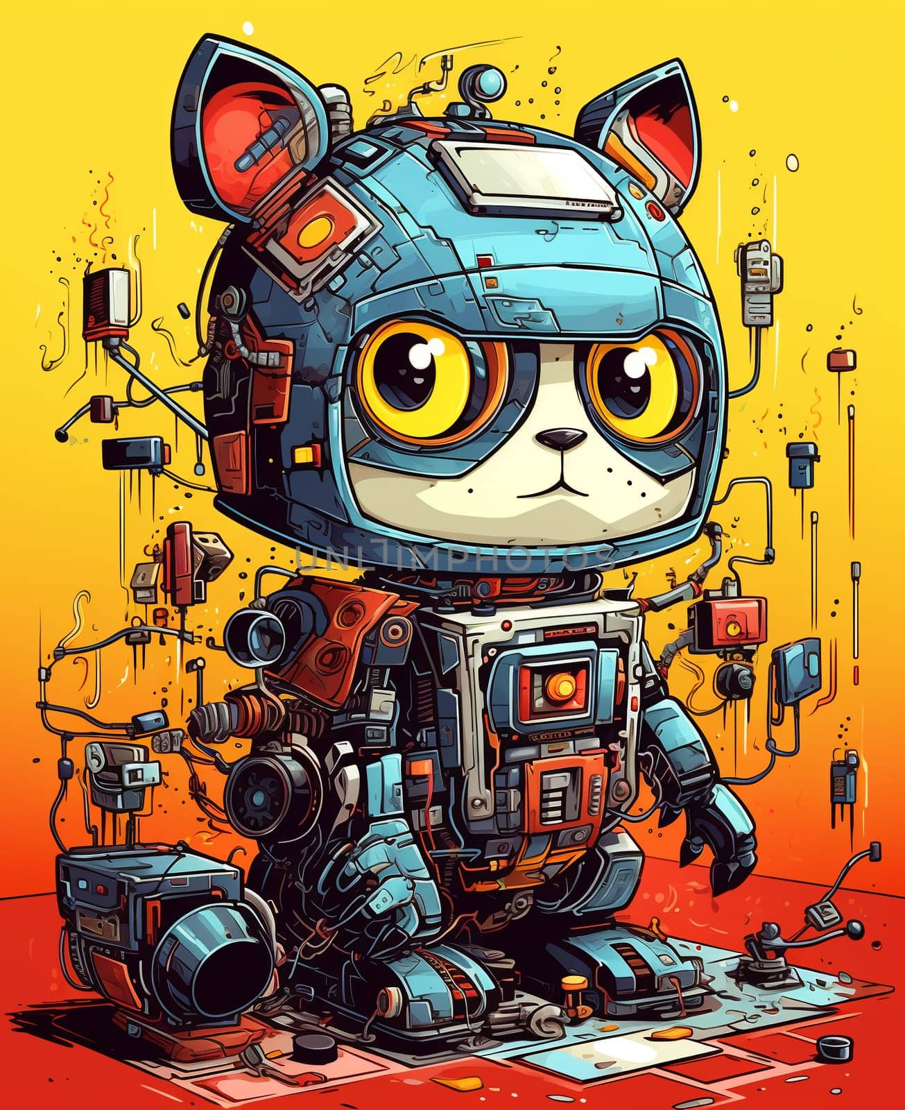 Cartoon Cat robot. Funny cyborg. 