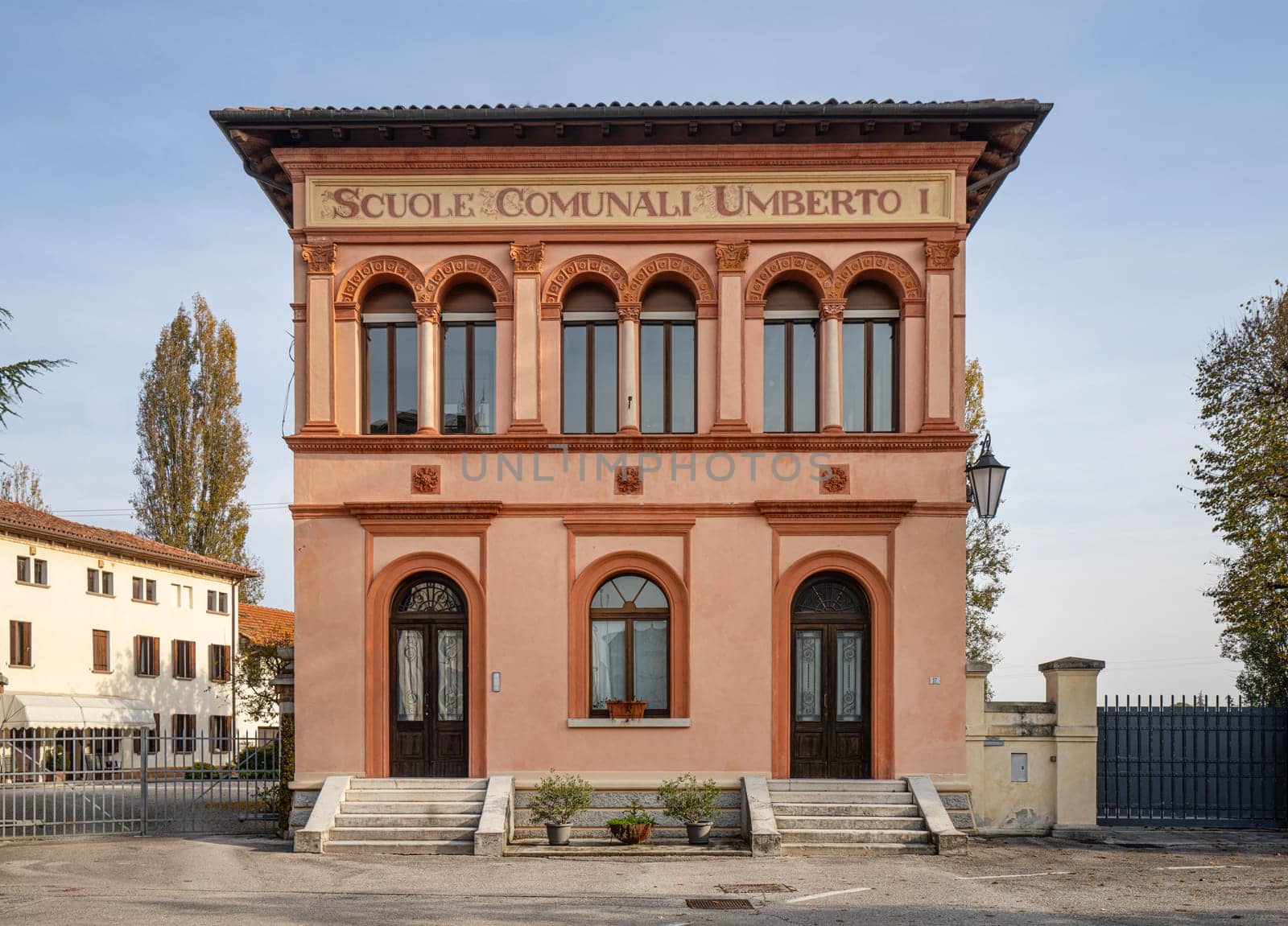 Portobuffolè, Italy. November 9, 2023. external view of the building of the old municipal schools in the center of the town