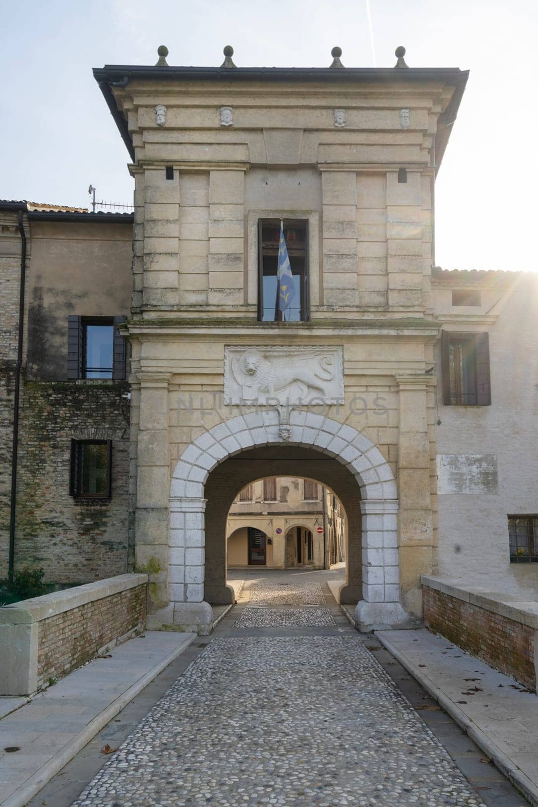 Portobuffolè, Italy. November 9, 2023. The medieval gate called Friuli surmounted by Toresin, 10th - 11th century