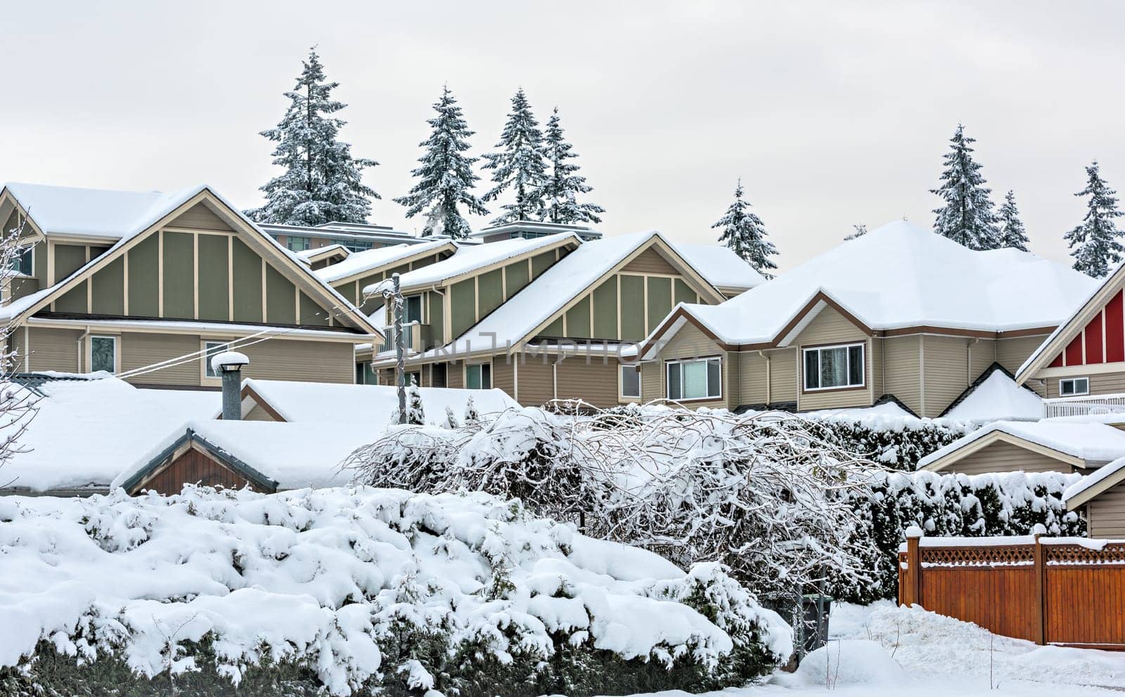 Roofs of residential townhouses in snow on winter season in Vancouver, Canada