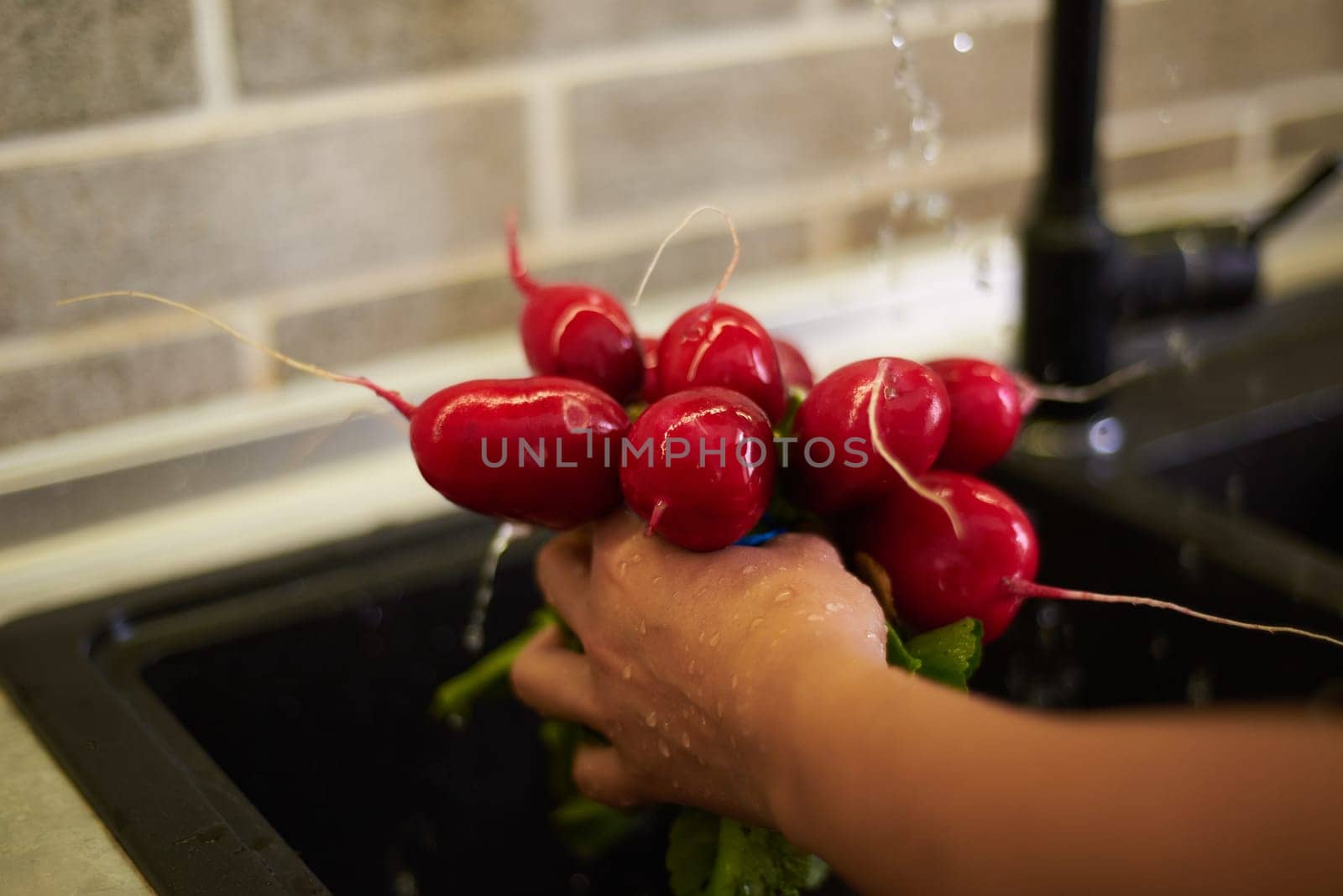 Details on the hands of a woman housewife washing fresh organic radish leaves in kitchen sink, under flowing water by artgf