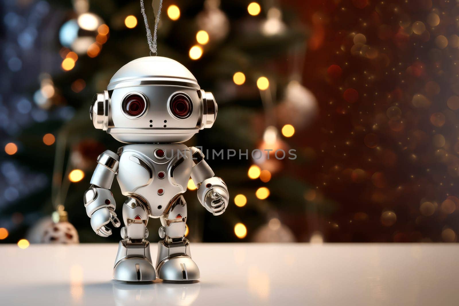 a New Year's toy in the form of a robot on a Christmas background. Copy space. by Spirina