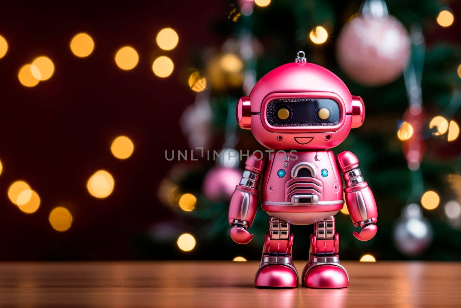 Cute robot on Christmas background. Copy space. by Spirina