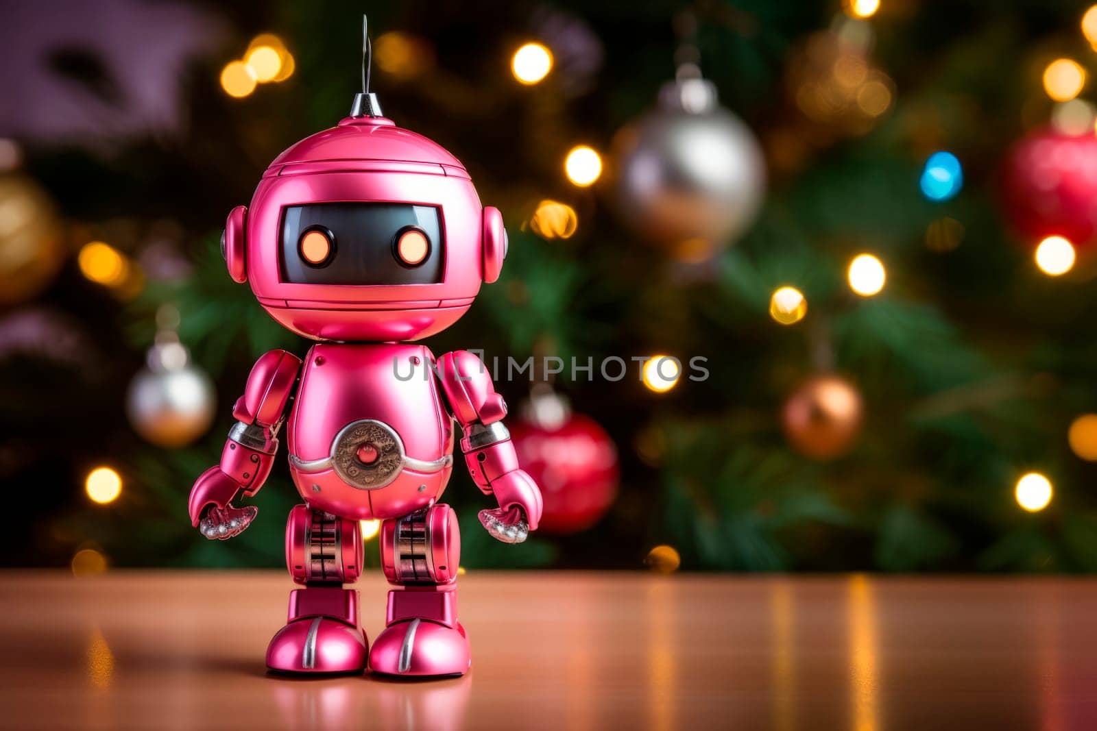 a New Year's toy in the form of a robot on a Christmas background. Copy space. High quality photo