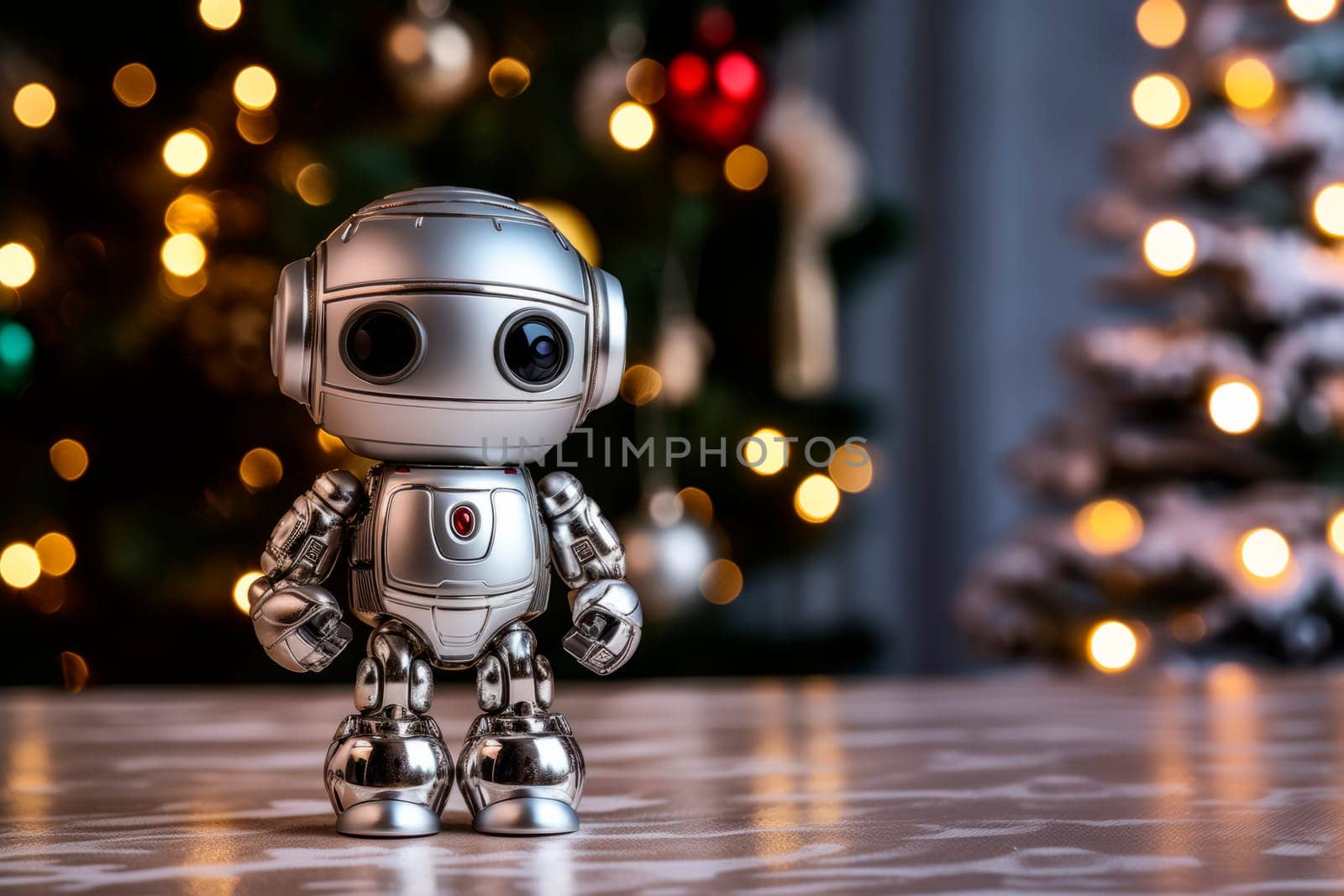 Cute robot on Christmas background. Copy space. High quality photo