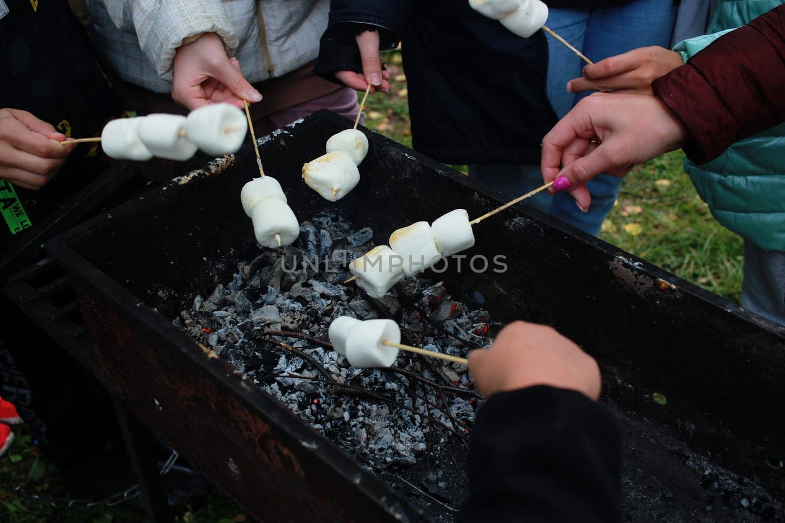 Photo marshmallows on skewers fried on the grill. by electrovenik
