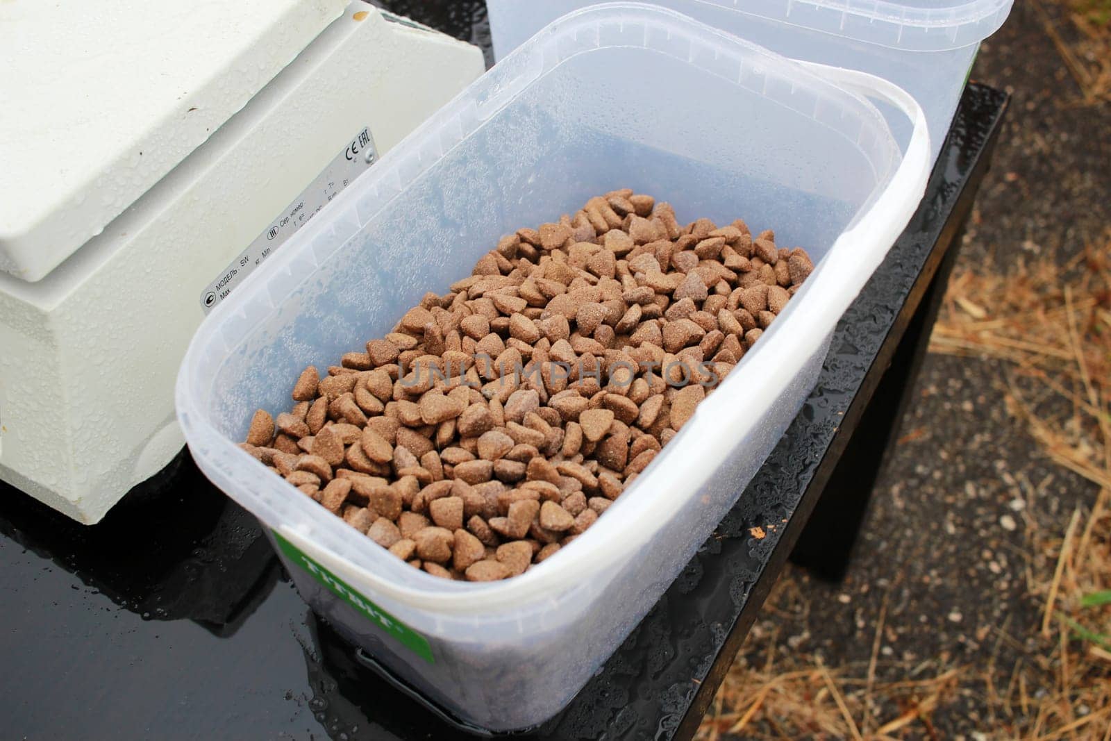 Photo dry dog food and scales. Weighing the feed. Dog food.
