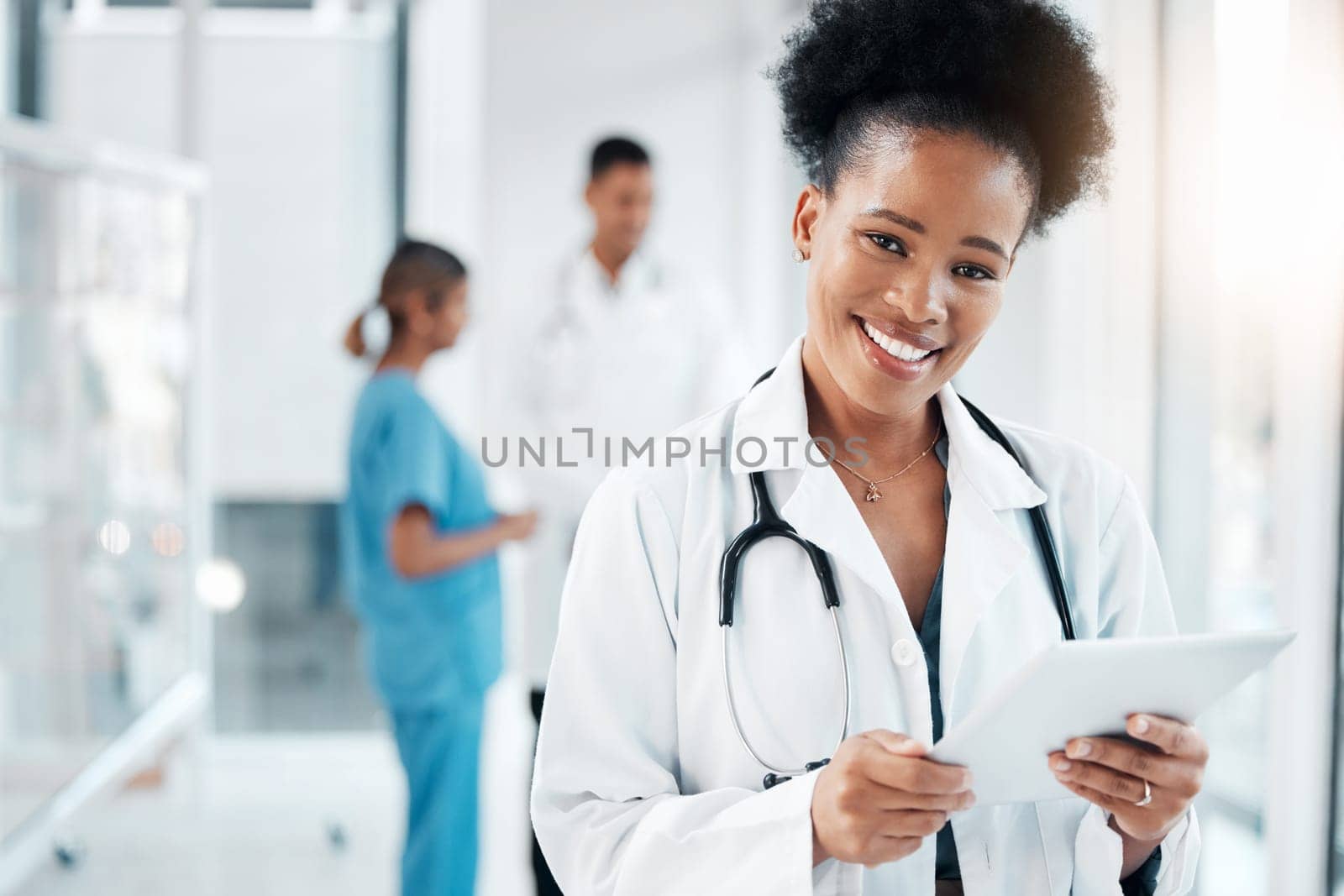 Research, portrait and black woman with tablet for healthcare, medicine and consultation email. Schedule, communication and African doctor with technology for service, telehealth and nursing by YuriArcurs