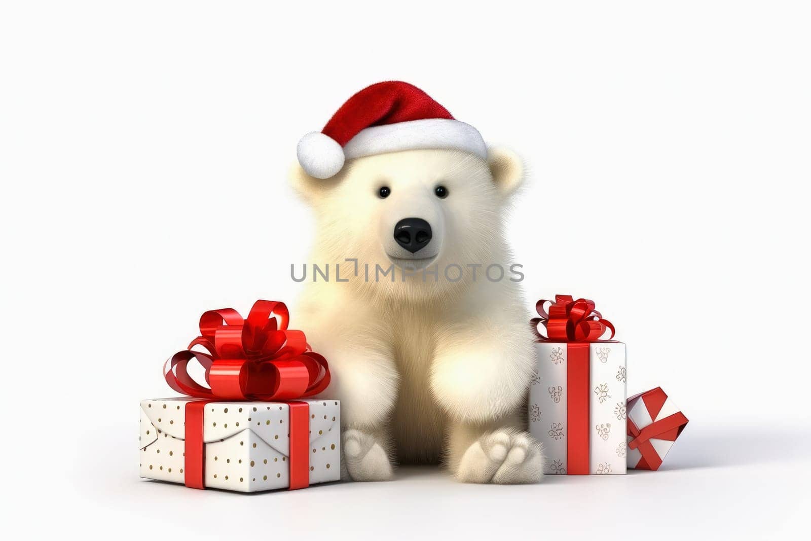 Polar bear in Christmas, red hat with presents. New Year's holiday concept