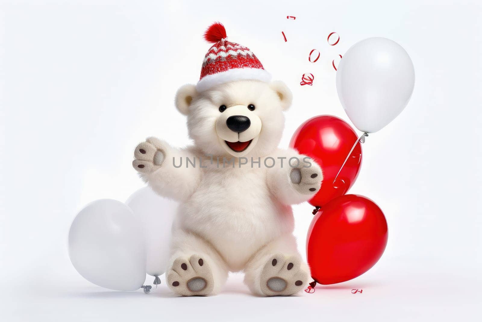 Polar bear in Christmas, red hat with presents. New Year's holiday concept. by Yurich32