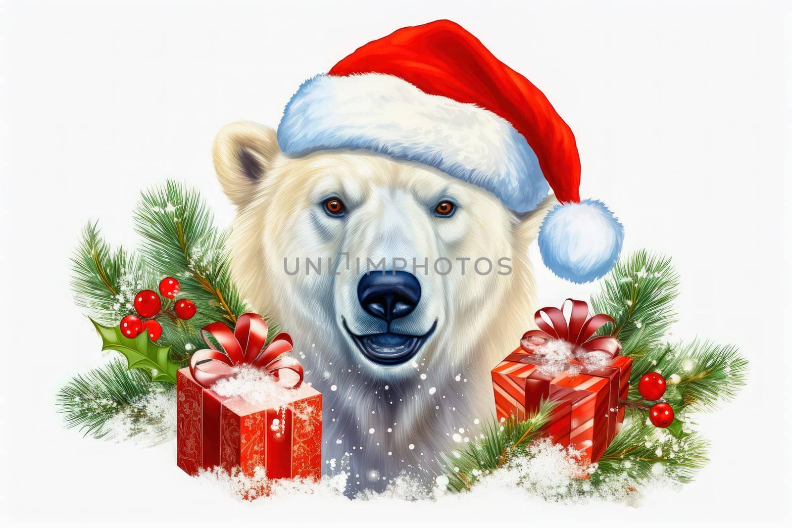 Polar bear in Christmas, red hat with presents. New Year's holiday concept. by Yurich32