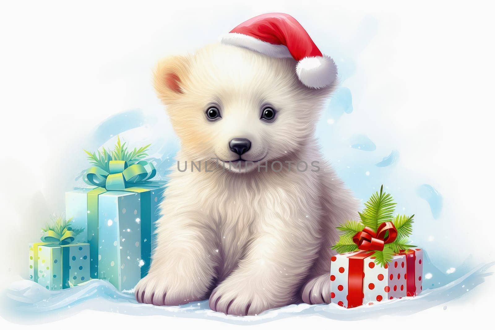 Polar bear in Christmas, red hat with presents. New Year's holiday concept