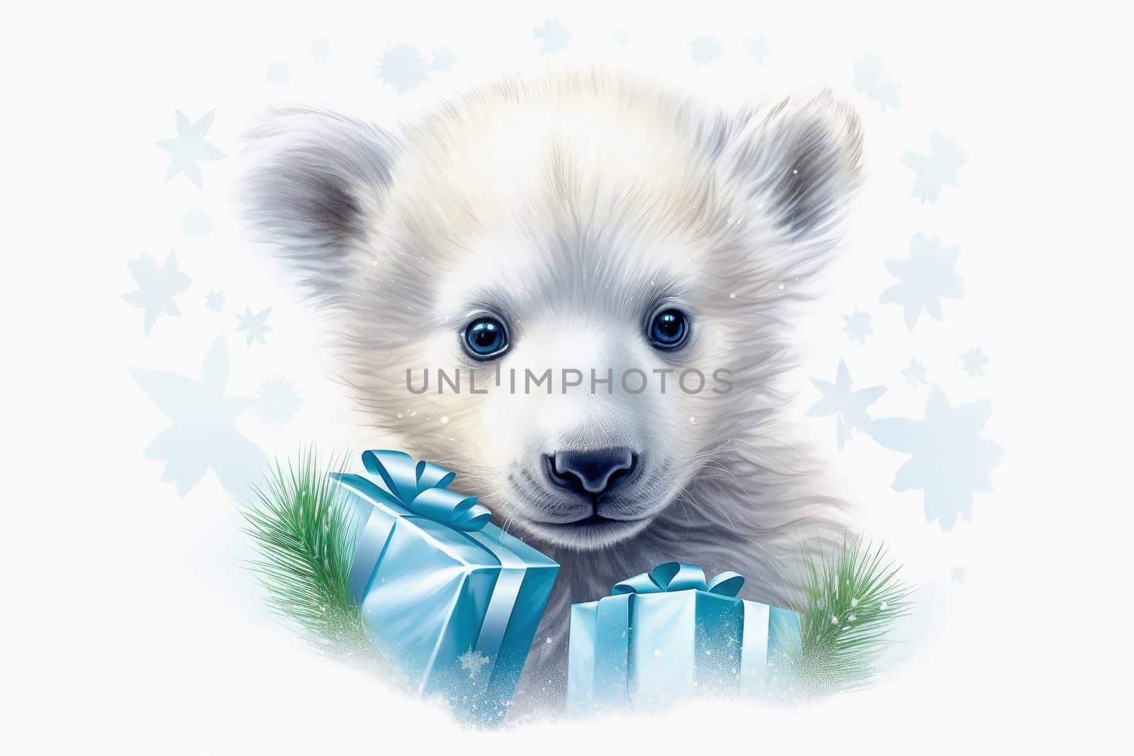 Polar bear with New Year's gifts. New Year's holiday concept