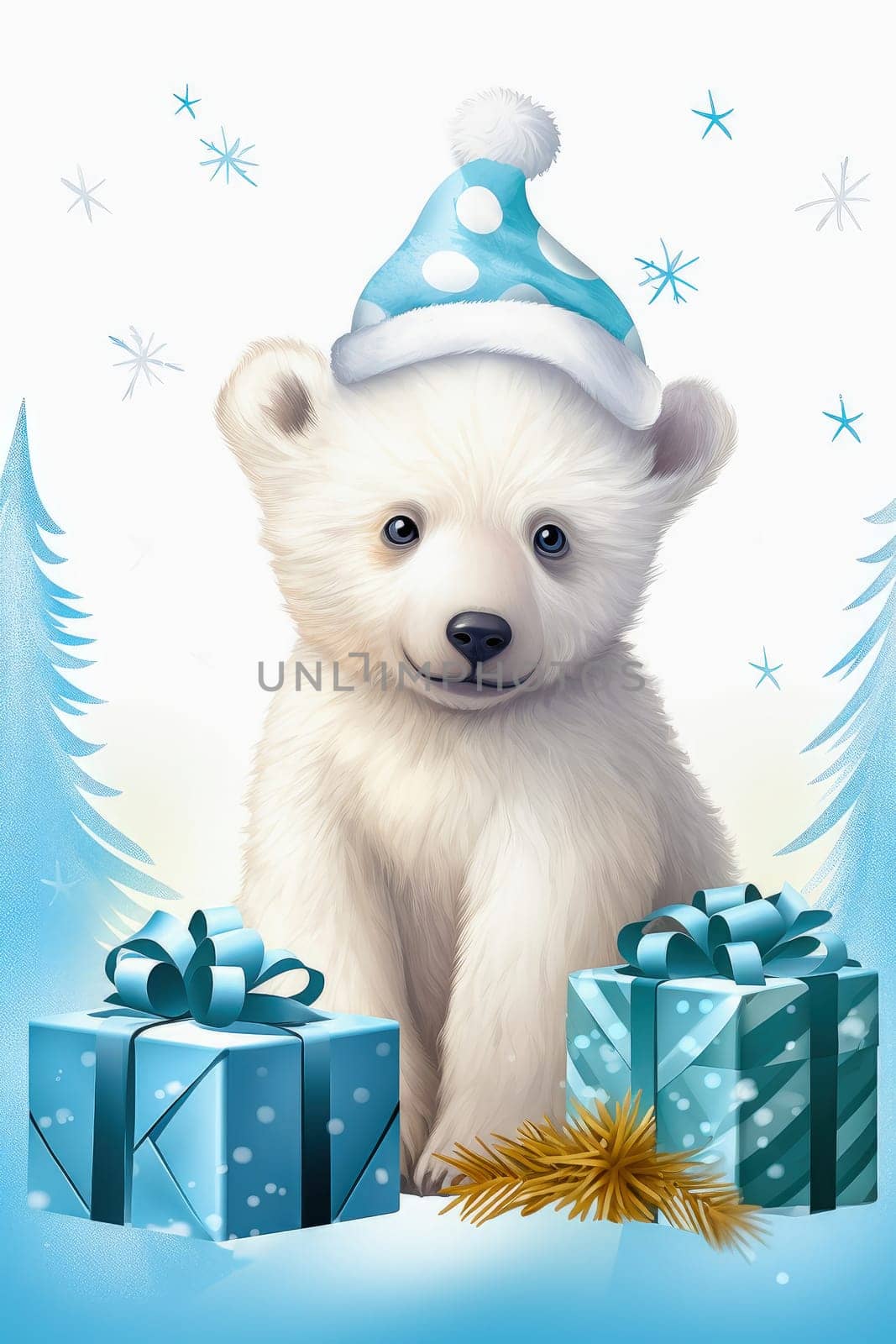 White little bear in New Year, hat with gifts. New Year's holiday concept. by Yurich32