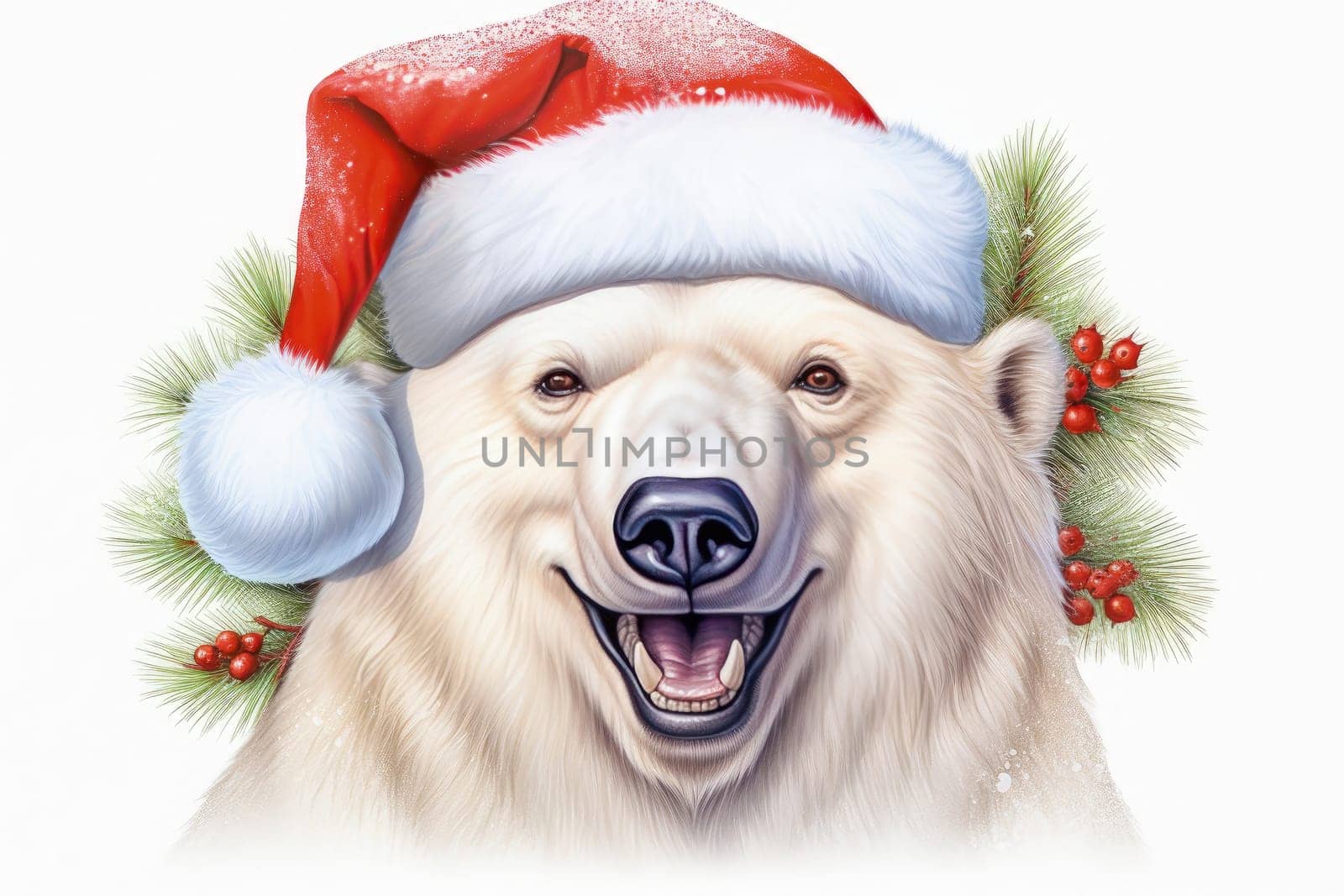 Polar bear in Christmas, red hat with presents. New Year's holiday concept. by Yurich32